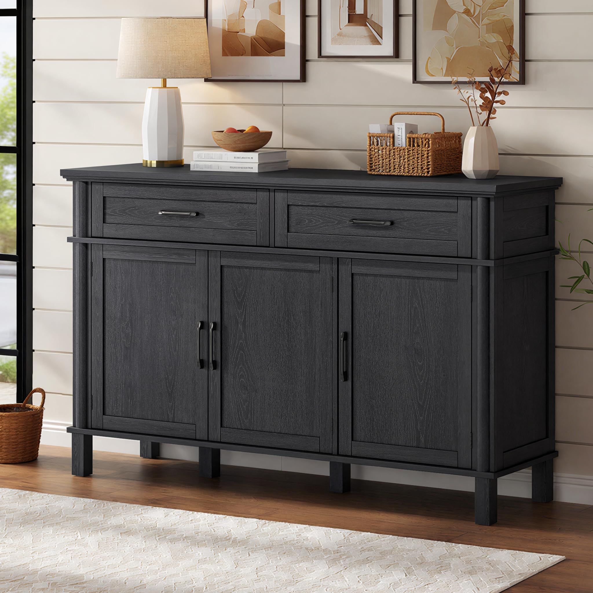 48 Inches Sideboard Buffet Cabinet with Storage, Farmhouse Sideboard Buffet w/2 Drawers and 3 Doors, Kitchen Cabinet with Adjustable Shelf, Wood Kitchen Console Table for Living Room, Hallway, Black