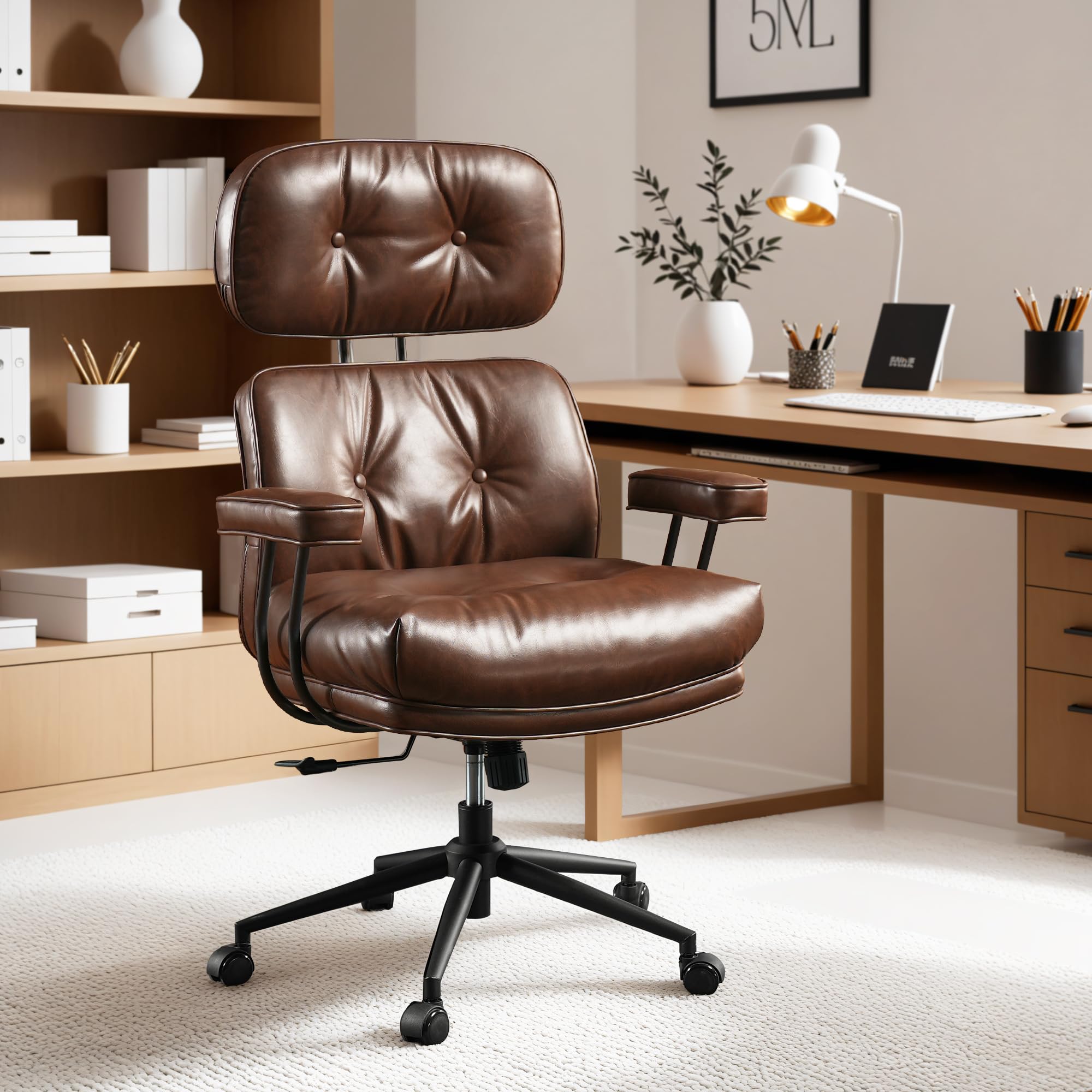 ovios Ergonomic Office Chair, Mid Back Faux Leather Executive Chairs with Armrests, Comfy Mid-Century Modern Swivel Rolling Computer Armchair (Brown, Suede Leather)