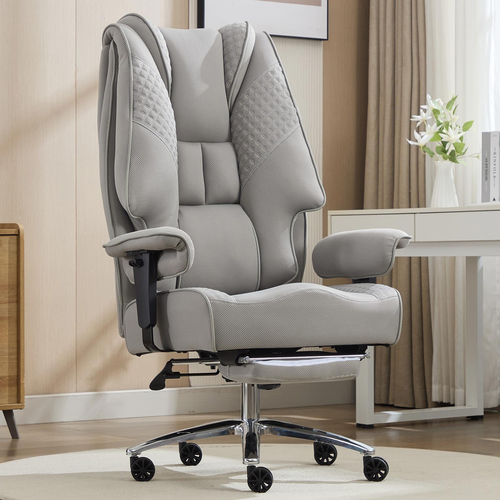 EXCEBET Big and Tall Office Chair 400lbs Wide Seat, Leather High Back Executive Office Chair with Lumbar Support, Ergonomic Chairs Padded Armrests & Thick Cushion (Mesh Beige)