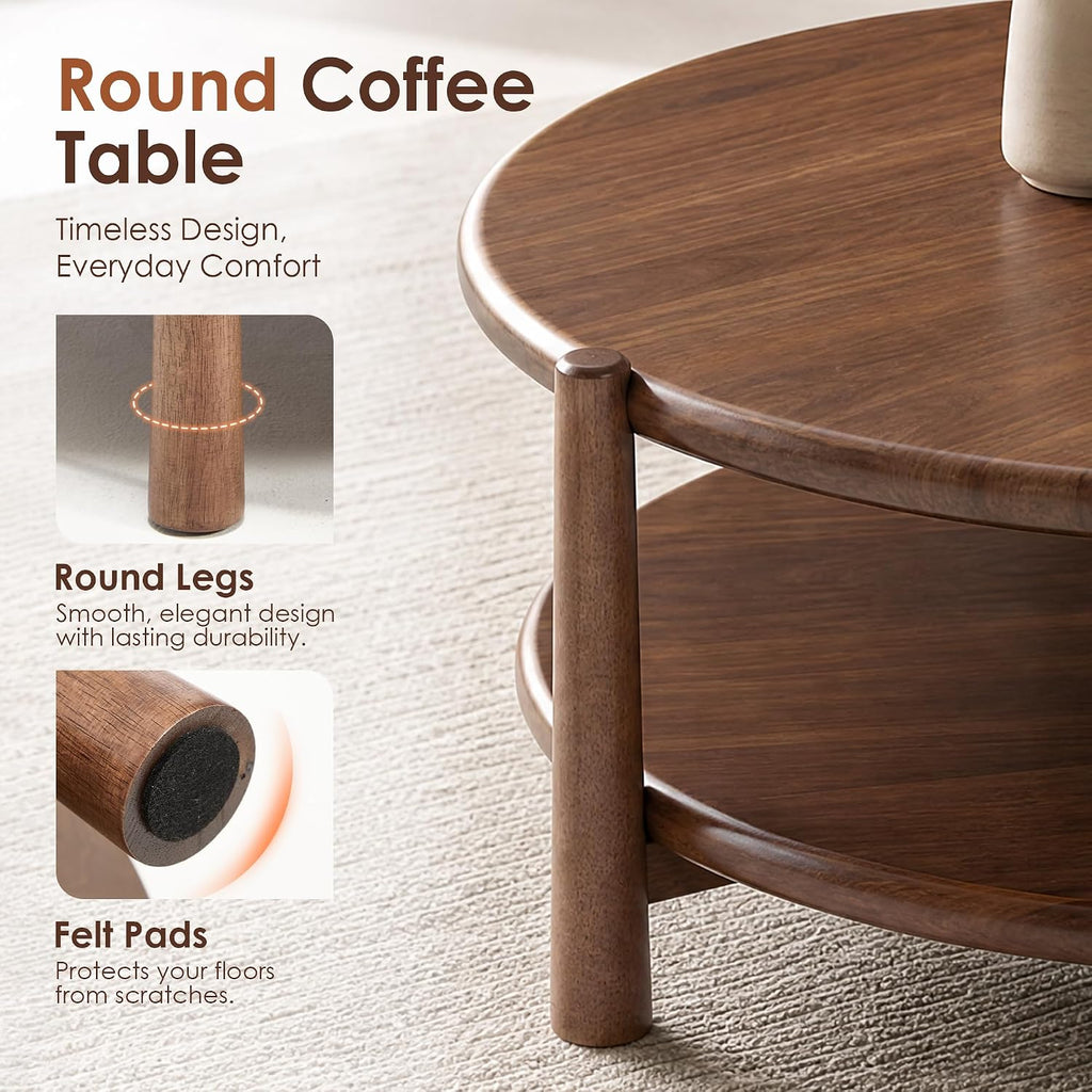 Round Coffee Table, Mid-Century Modern 2-Tier Wood Center Table with Open Storage Shelf, Farmhouse Circle Coffee Table for Living Room Office, Walnut Brown
