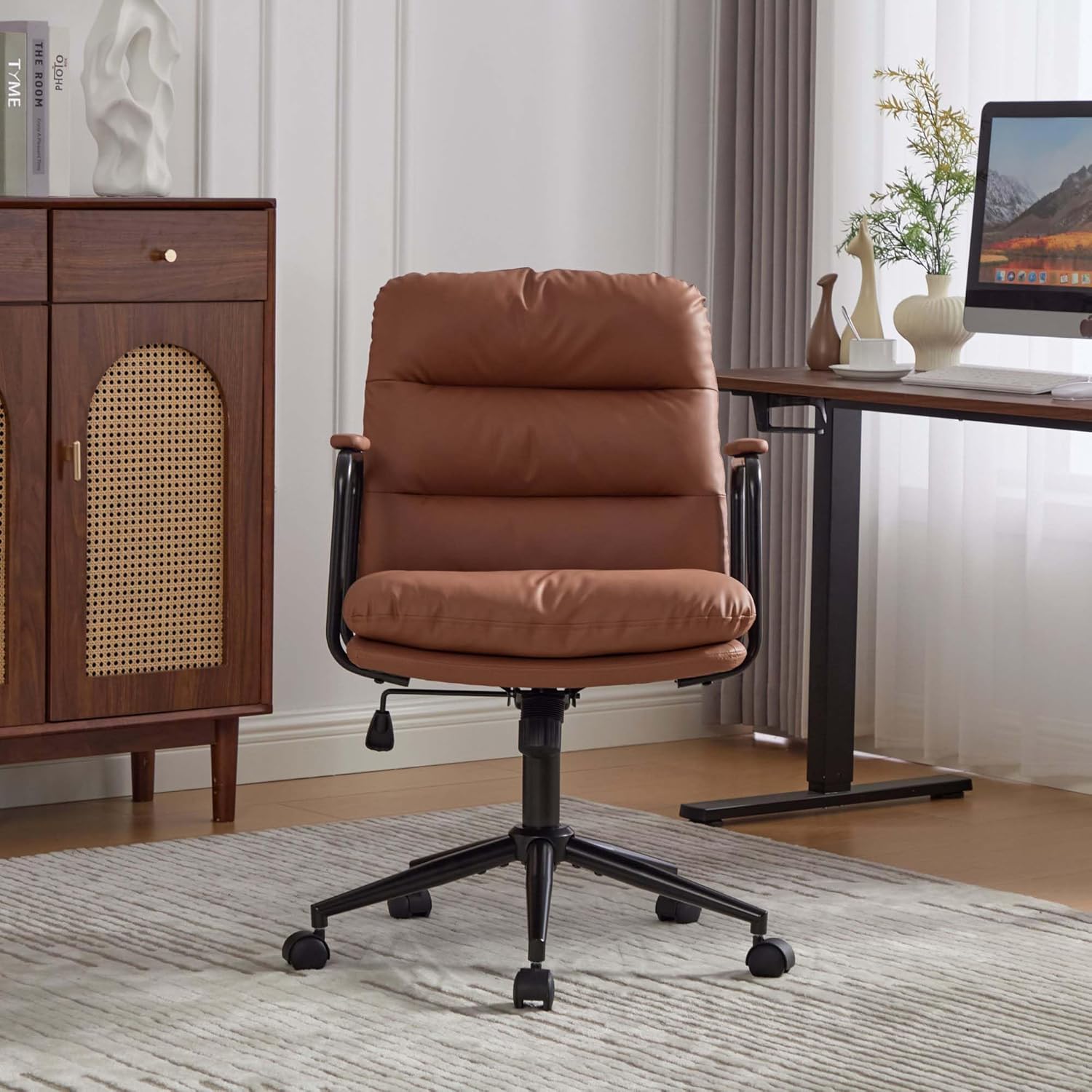 【Mid Back Office Chair】 Ergonomic PU Leather Desk Chair with 40° Recline, Adjustable Height Swivel Computer Chair with Padded Armrests and Wheels, Task Chair for Home Office (Brown)