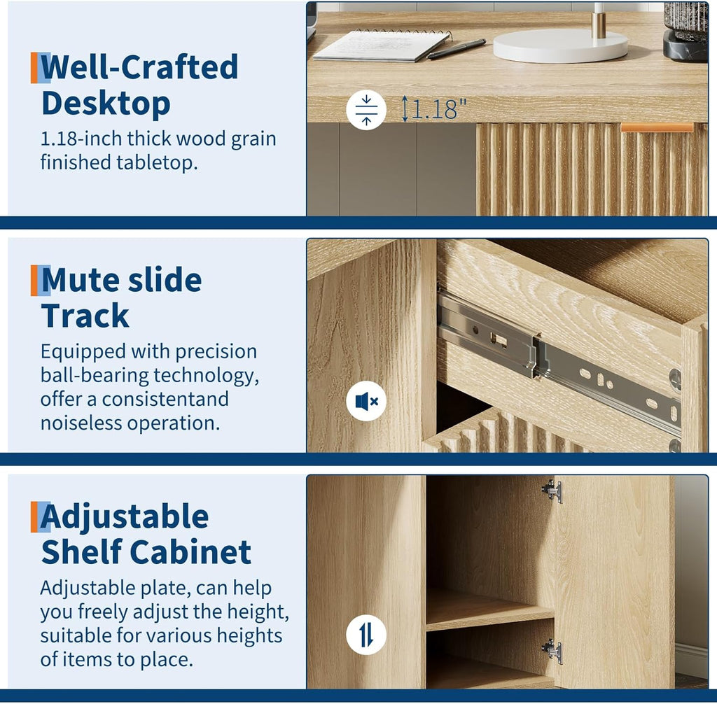 IDEALHOUSE Fluted Executive Desk with Drawers, 60" Modern Home Office Desk with Storage Cabinet, Wood Fluted Computer Desks Workstation for Working, Studying, Writing, Natural Oak