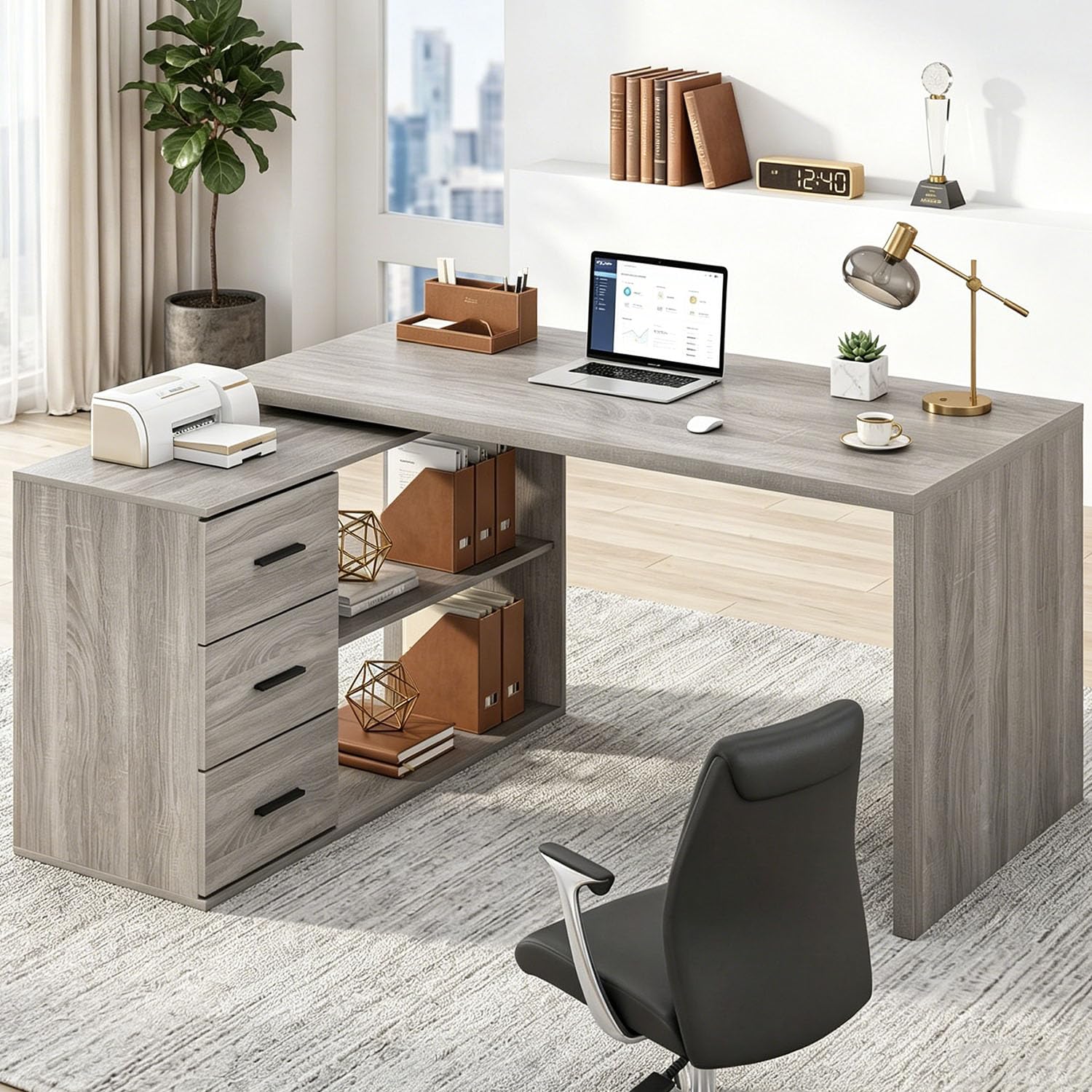 HSH L Shaped Desk with Storage Drawers Shelves, Large Corner Computer Table in Home Office, Industrial Wood Desk for Executive Writing Work Study, Rustic Oak, 55 Inch