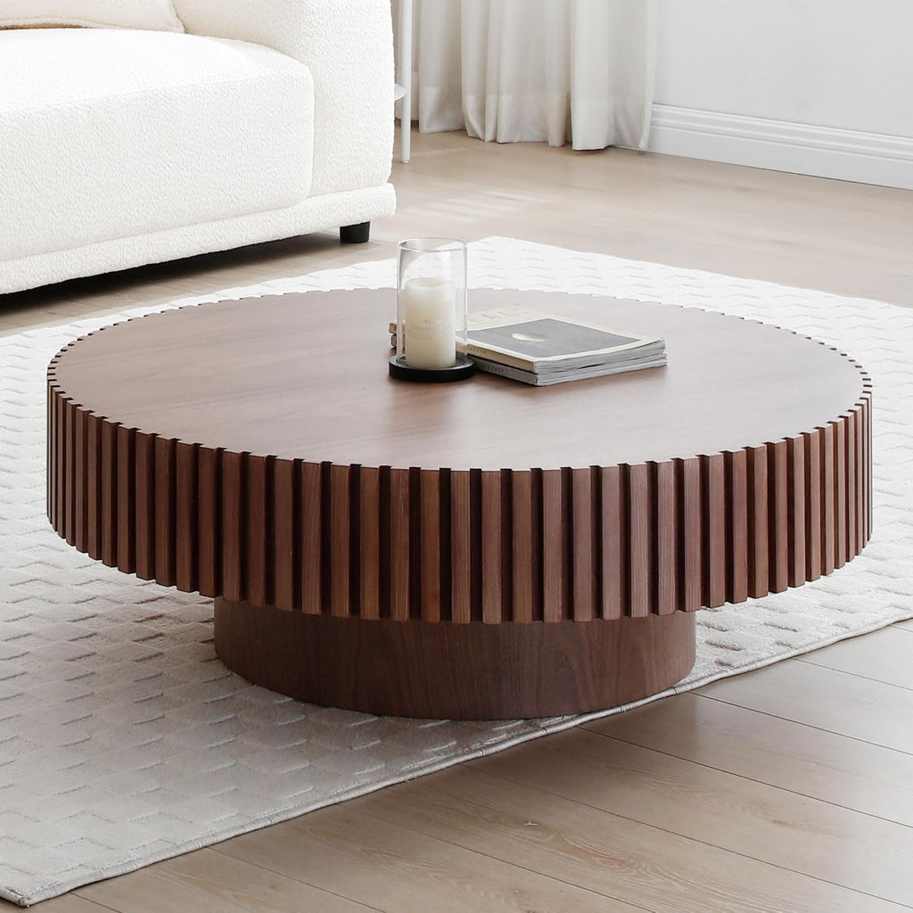 31" Round Coffee Table for Living Room, Mid Century Modern Coffee Table with Sturdy Pedestal, Circle Center Table Accent Tea Table for Apartment Walnut