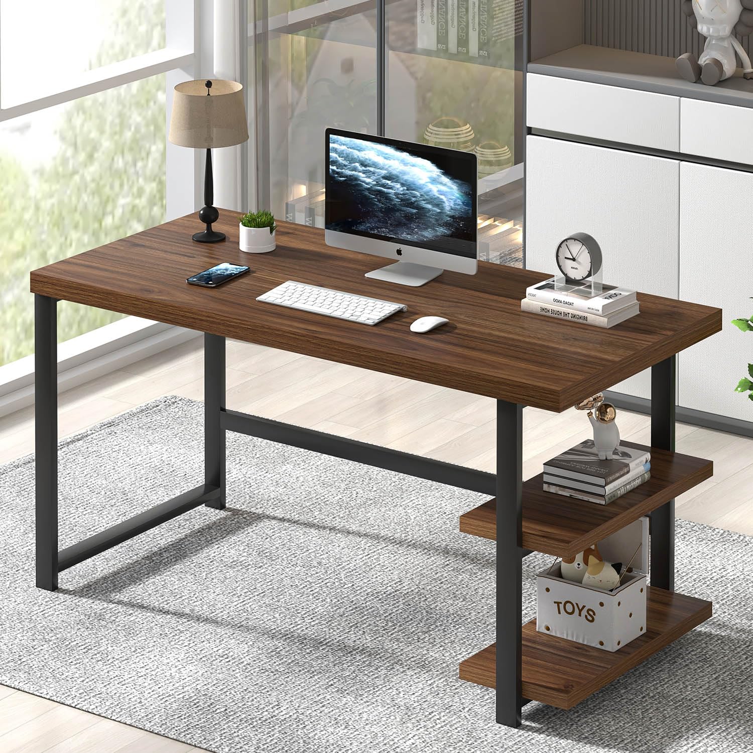 FOLUBAN Computer Desk, Modern Home Office Desk with Storage Shelves, Writing Study Gaming Table for Living Room Bedroom, Rustic Oak, 53 Inch