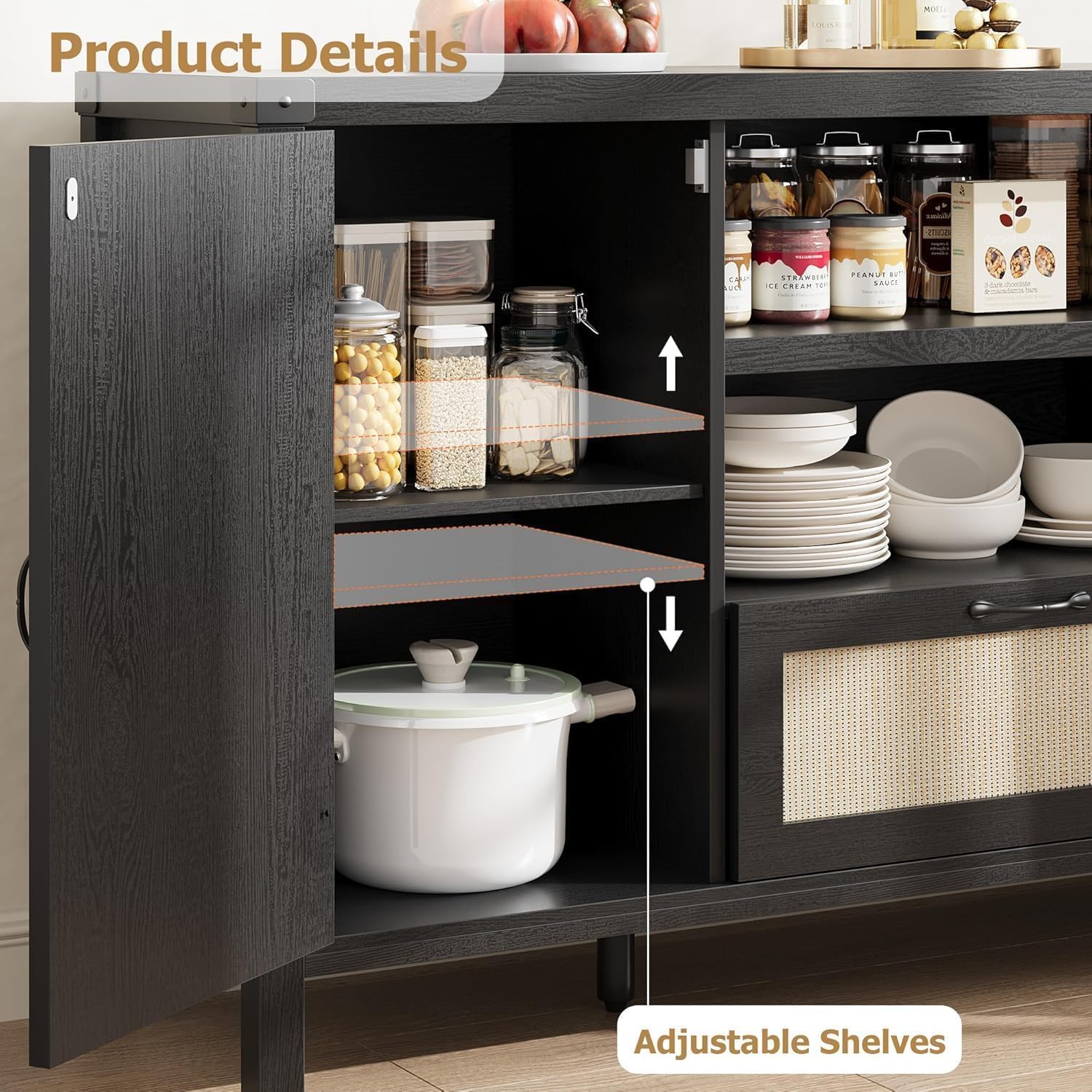 IDEALHOUSE Sideboard Buffet Cabinet with Storage, 59.1" Large Rattan Storage Cabinet with Drawers, Farmhouse Coffee Bar Cabinet for Living Room, Kitchen, Entryway, Black