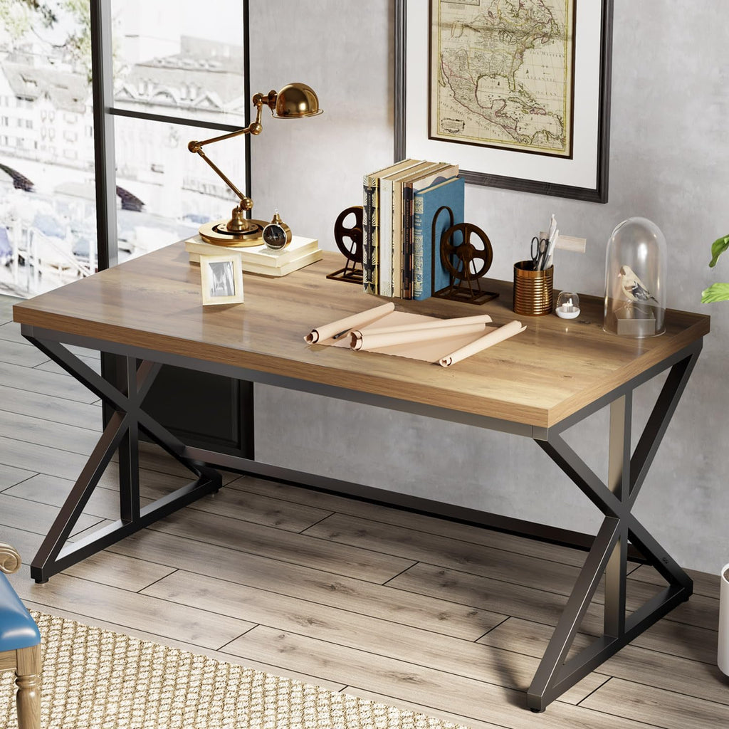 IBF Rustic Office Desk Table, Industrial Long Wood Computer Desk for Home Office, Modern Large Wide Simple Pc Gaming Workstation Executive Writing Desks Big Table for Work Study, Rustic Oak, 60 Inch