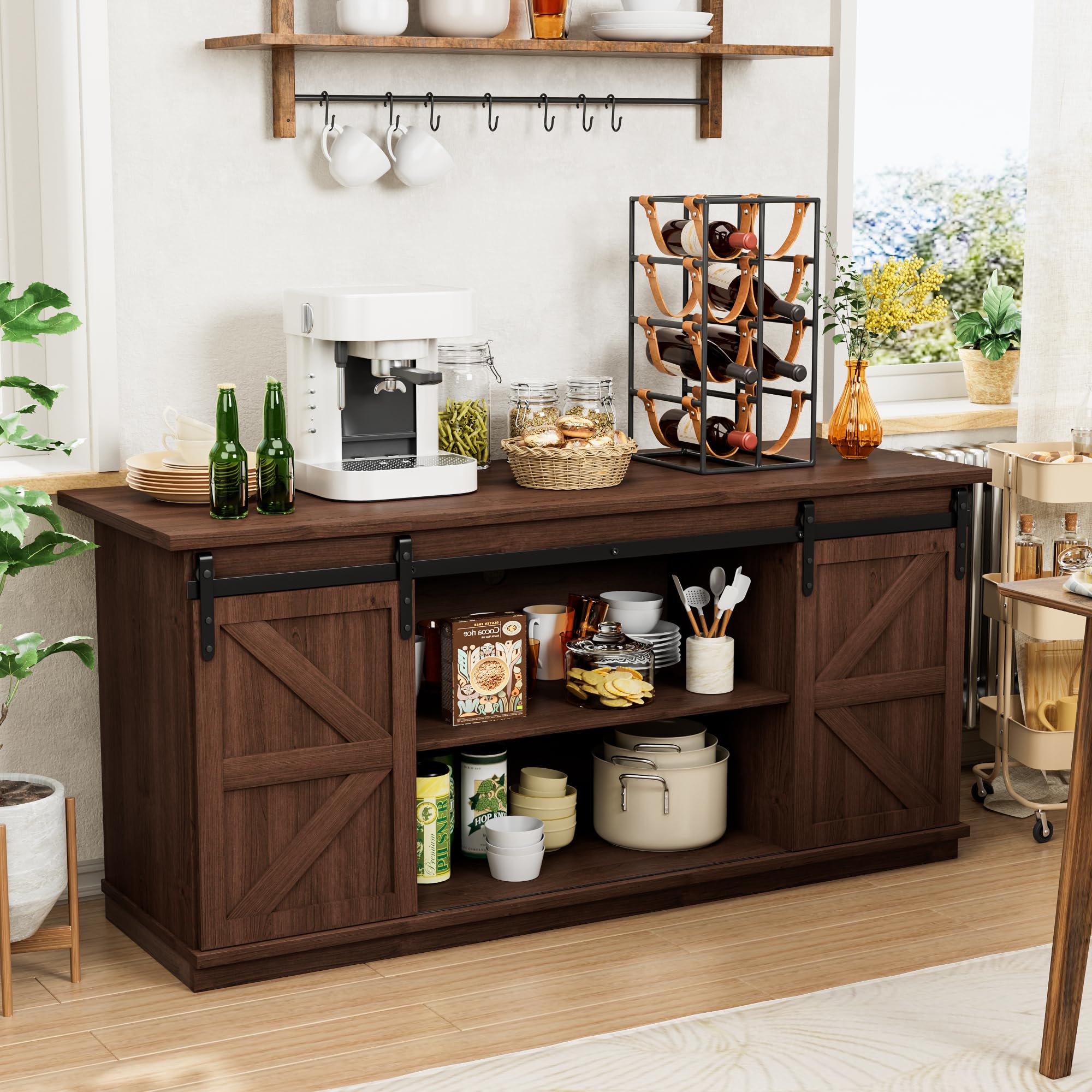 Shahoo Farmhouse Sideboard Buffet Cabinet, Coffee Bar Storage with Sliding Barn Doors, Shelf for Home Dining Room, White