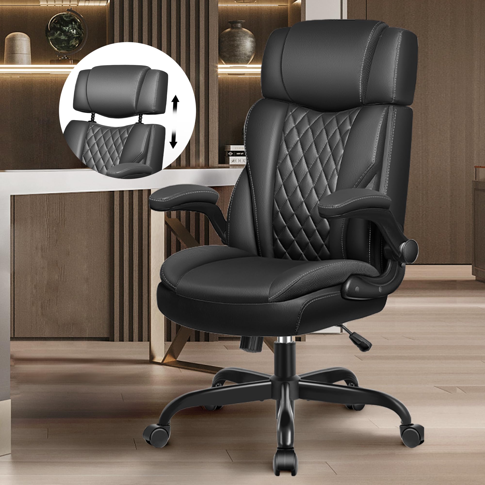 Office Chair Flip Up Arms, Executive Leather Office Chair Ergonomic Desk Chair with Lumbar Support, Adjustable Headrest, Computer Chair Home Office Desk Chair with Rocking Function