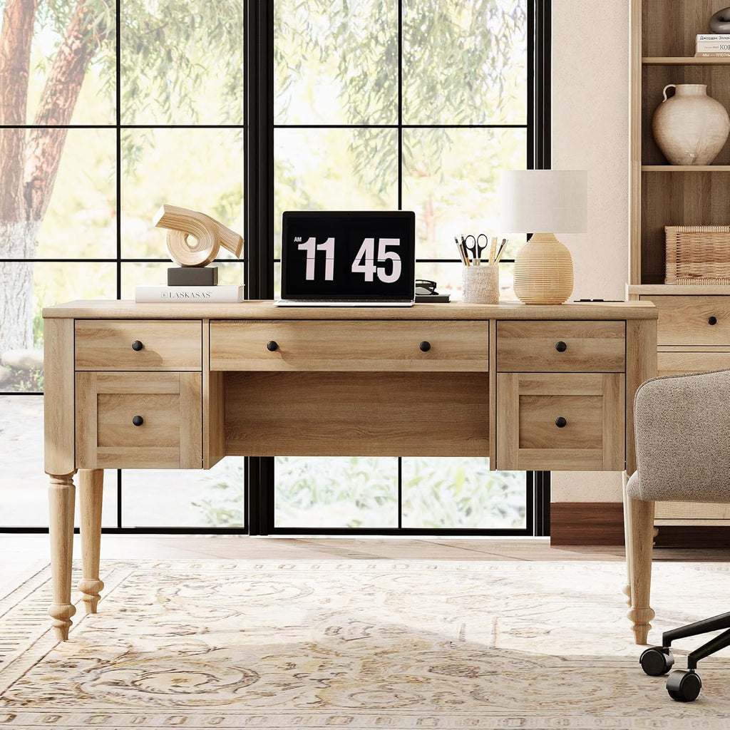 WAMAPT Farmhouse Executive Desk with Drawers, Vintage Writing Desk with Charging Station, Home Office Desk with Storage Cabinet & Open Shelf for Study, 56 Inch, Oak
