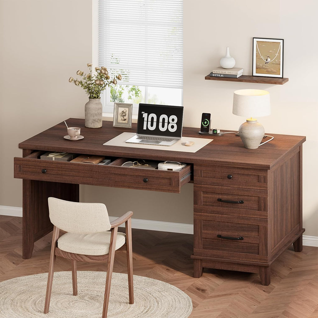 IDEALHOUSE 53.5" Farmhouse Computer Desk with Charging Station, Rustic Black Home Office Executive Desk, Wooden Workstation with File Cabinet Storage Drawers for Writing & Study, Rustic Brown