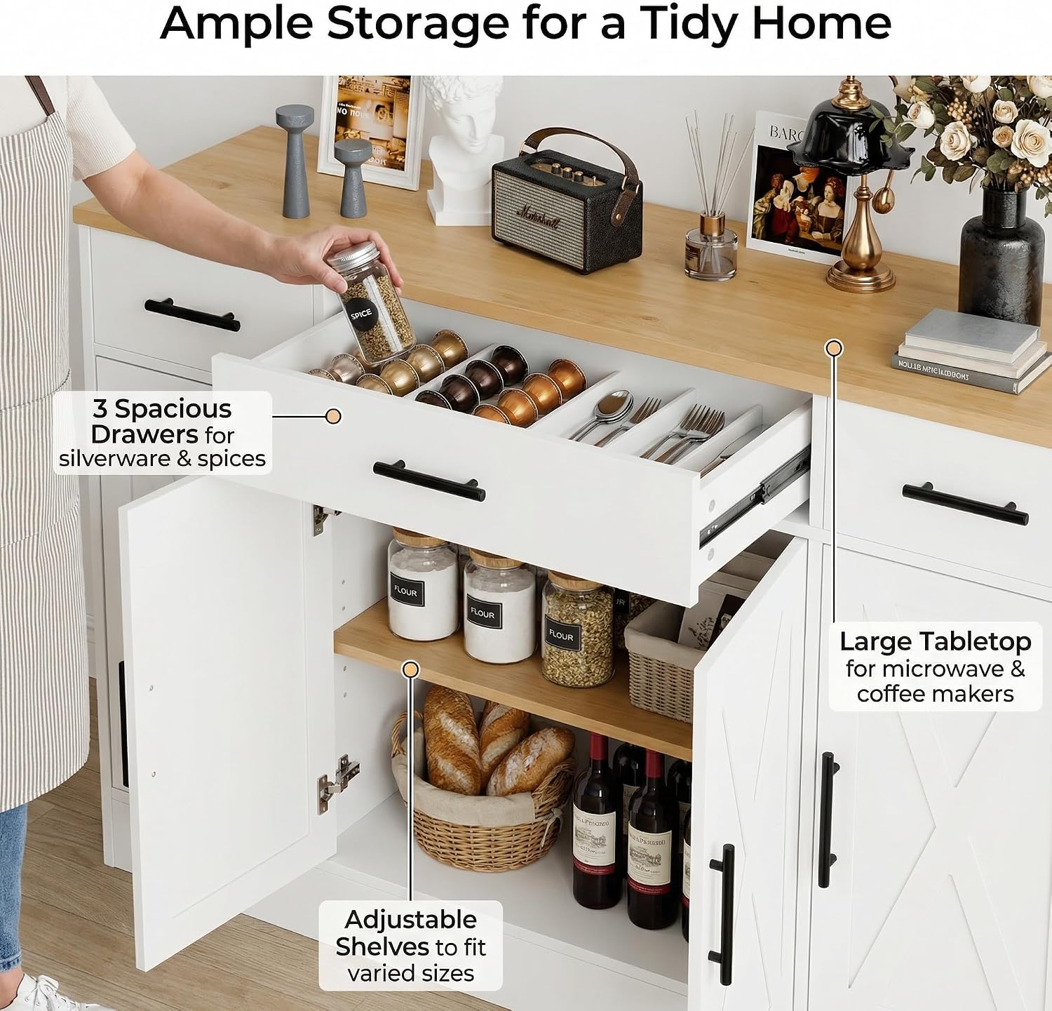SUNLEI Kitchen Buffet Sideboard Cabinet, Wooden Storage with 4 Doors and 3 Drawers, Adjustable Shelf, Modern Farmhouse Coffee Bar Cabinet with Storage for Kitchen/Laundry/Living Room, Ivory