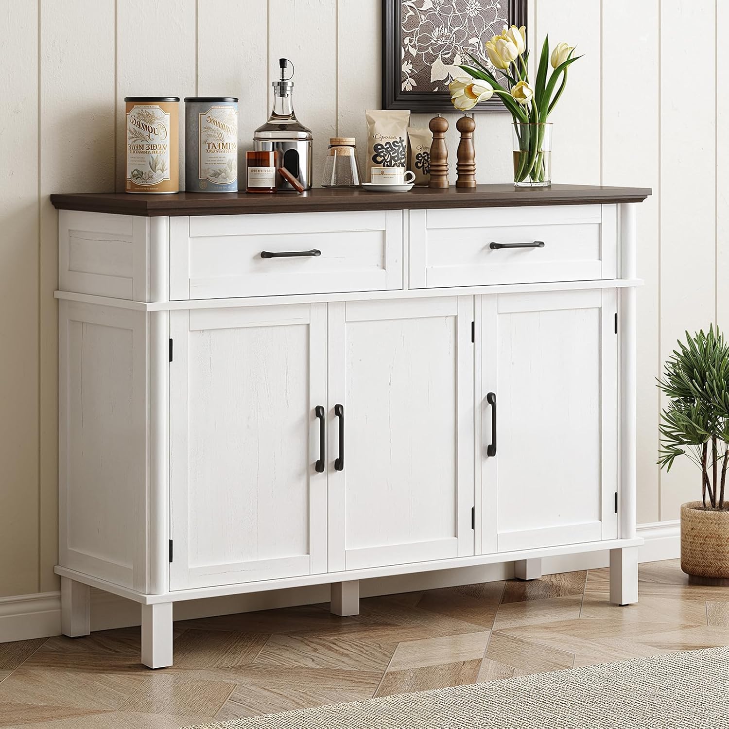 48" Off White Farmhouse Sideboard Buffet Cabinet with 2 Drawers, 3 Doors & Adjustable Shelves, Wood Storage Coffee Bar for Kitchen Living Room