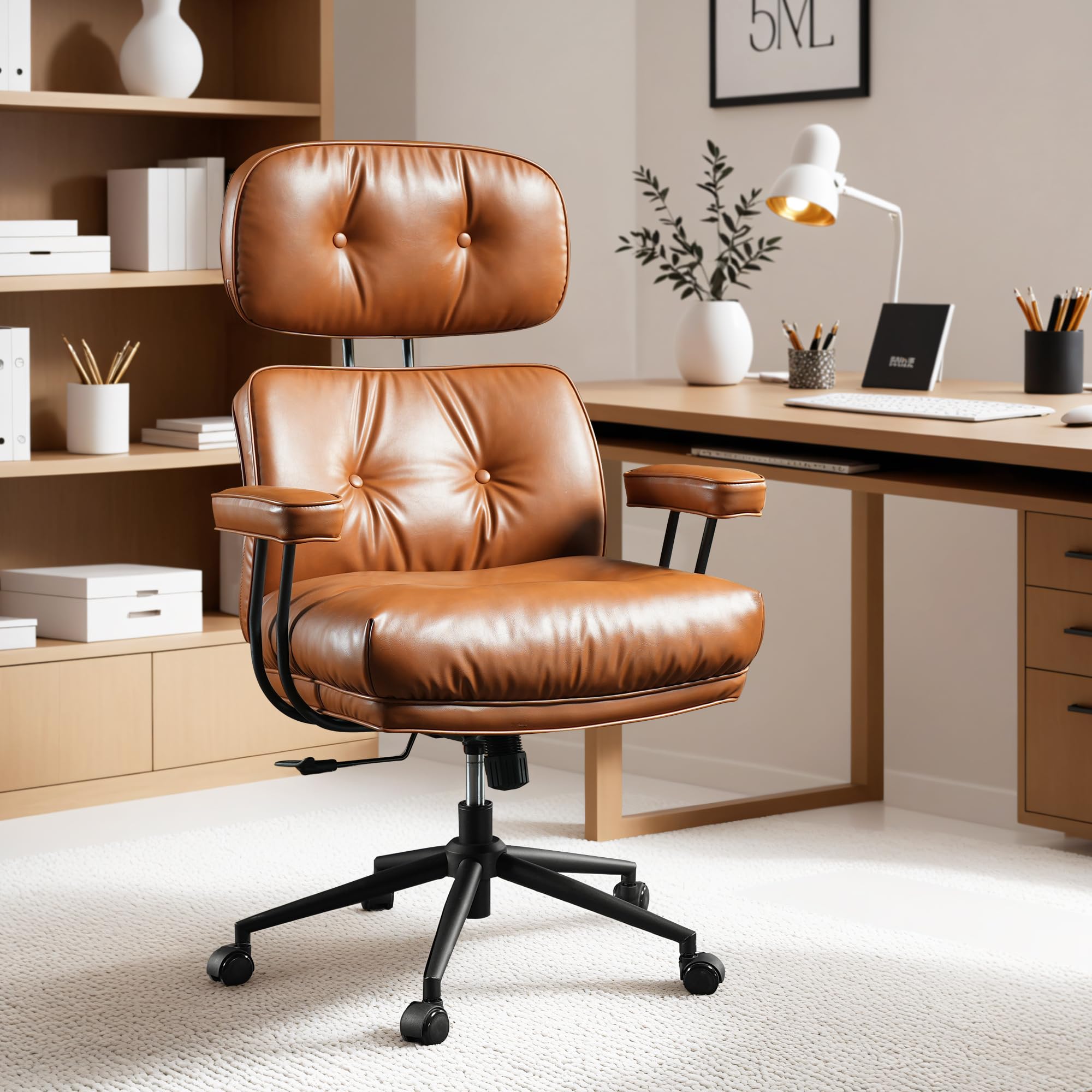 ovios Ergonomic Office Chair, Mid Back Faux Leather Executive Chairs with Armrests, Comfy Mid-Century Modern Swivel Rolling Computer Armchair (Brown, Suede Leather)