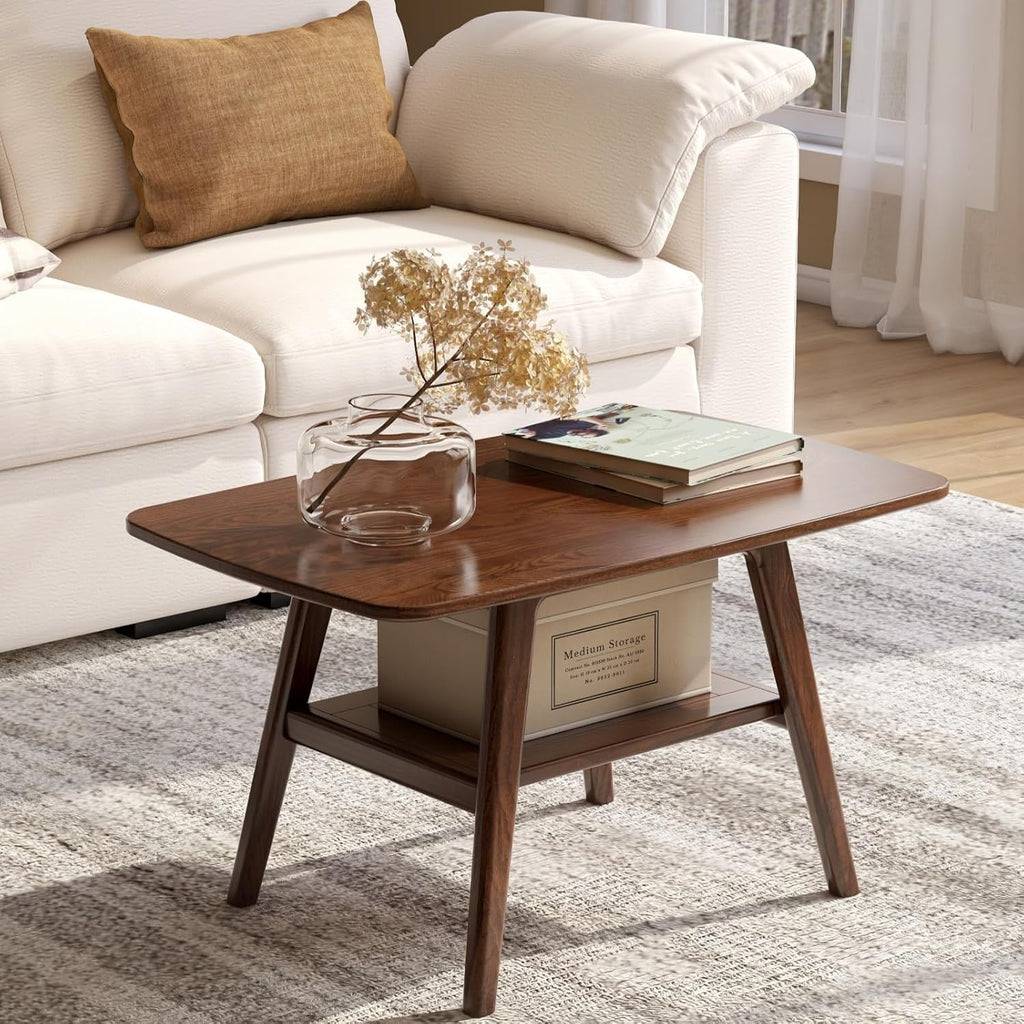 31.49" Solid Oak 2-Tier Walnut Mid Century Modern Coffee Table with Storage Shelf for Living Room
