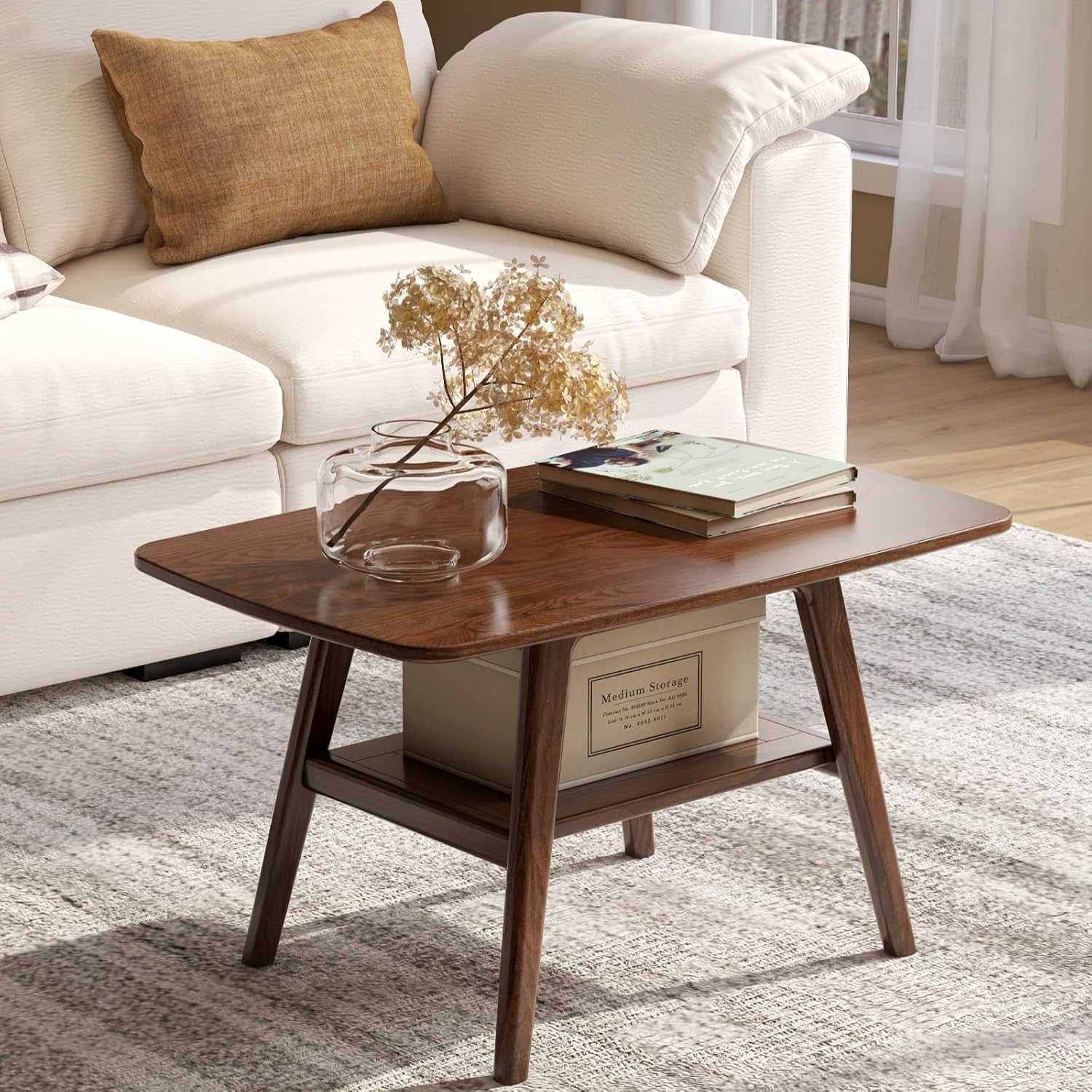 31.49" Solid Oak 2-Tier Walnut Mid Century Modern Coffee Table with Storage Shelf for Living Room