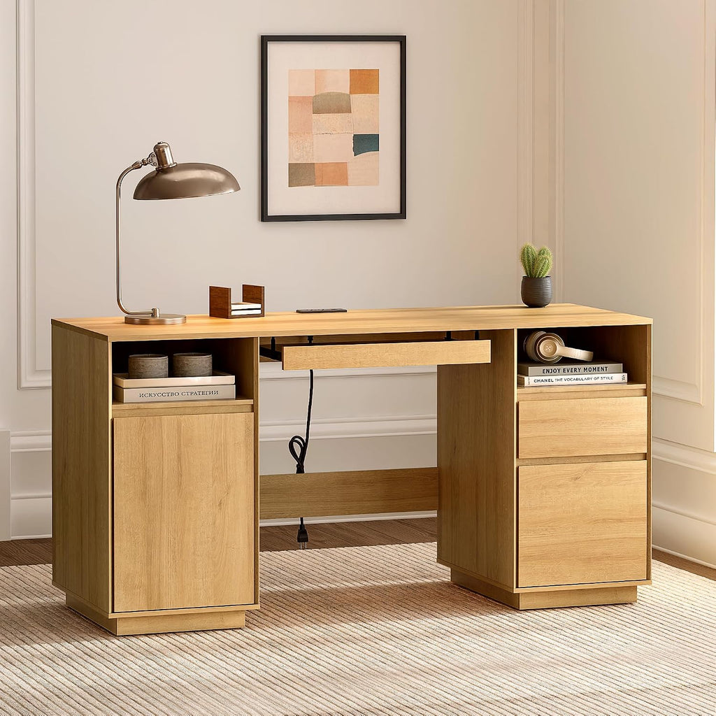 59" Natural Oak Farmhouse Executive Computer Desk with File Drawer, Charging Station, Keyboard Tray & Storage Cabinet for Home Office Study Writing