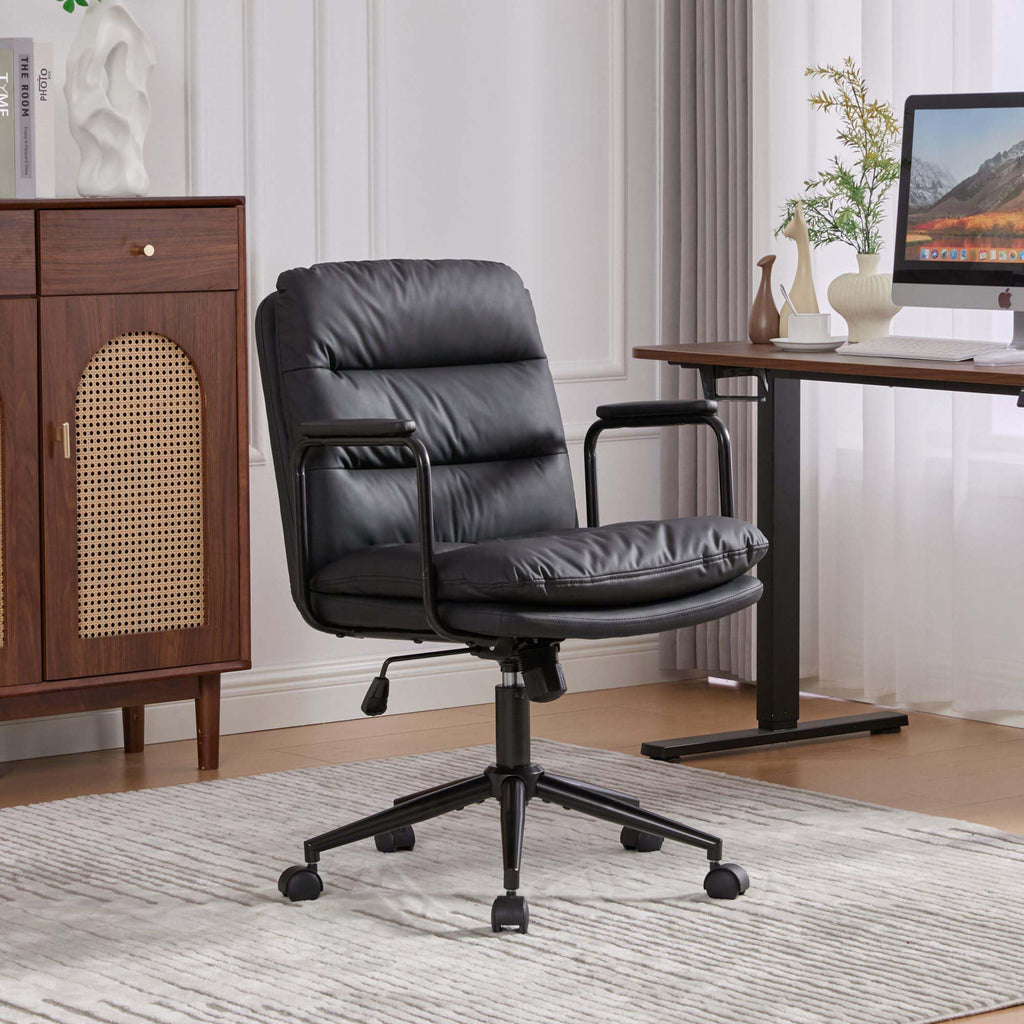 【Mid Back Office Chair】 Ergonomic PU Leather Desk Chair with 40° Recline, Adjustable Height Swivel Computer Chair with Padded Armrests and Wheels, Task Chair for Home Office (Brown)