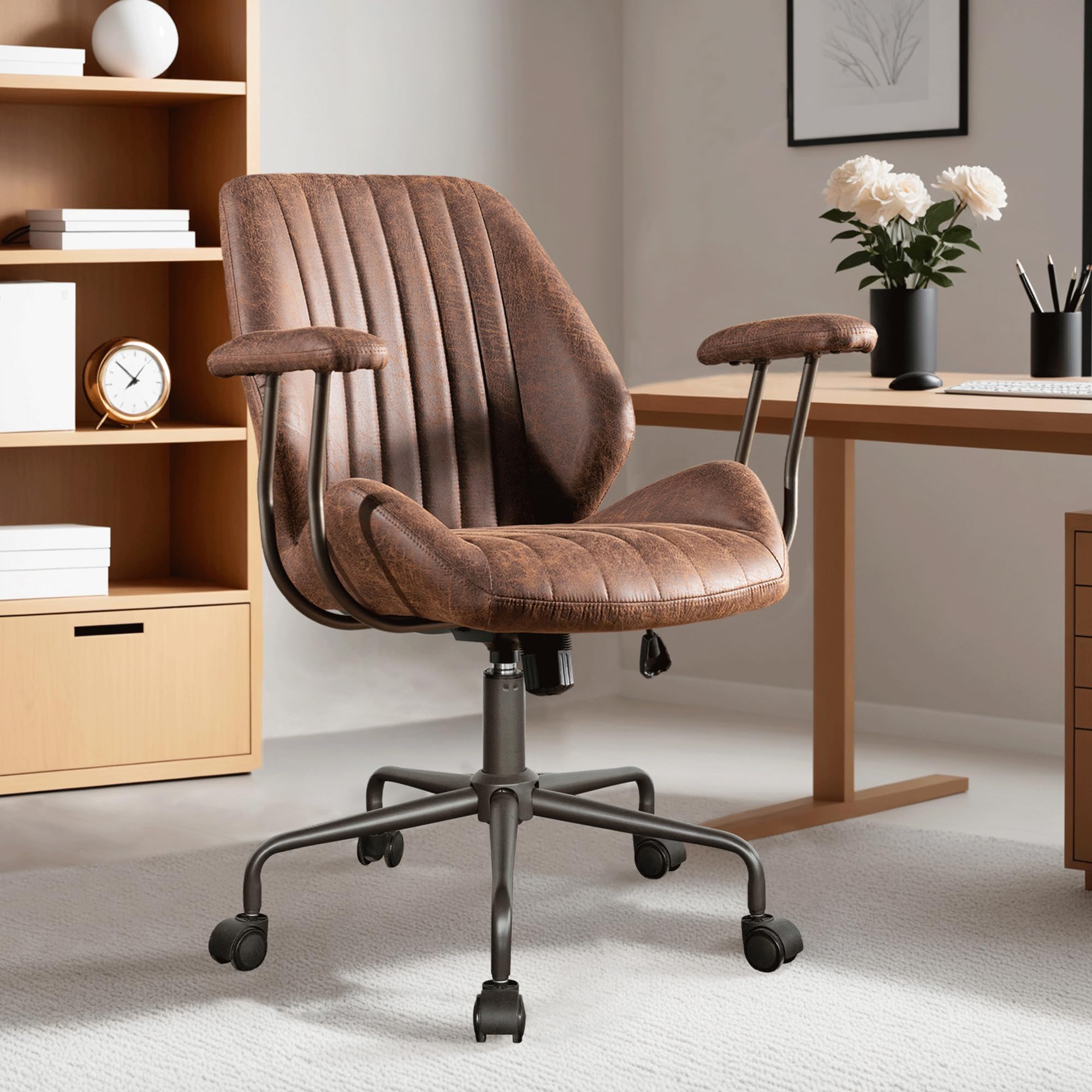 ovios Ergonomic Office Chair, Mid Back Faux Leather Executive Chairs with Armrests, Comfy Mid-Century Modern Swivel Rolling Computer Armchair (Brown, Suede Leather)
