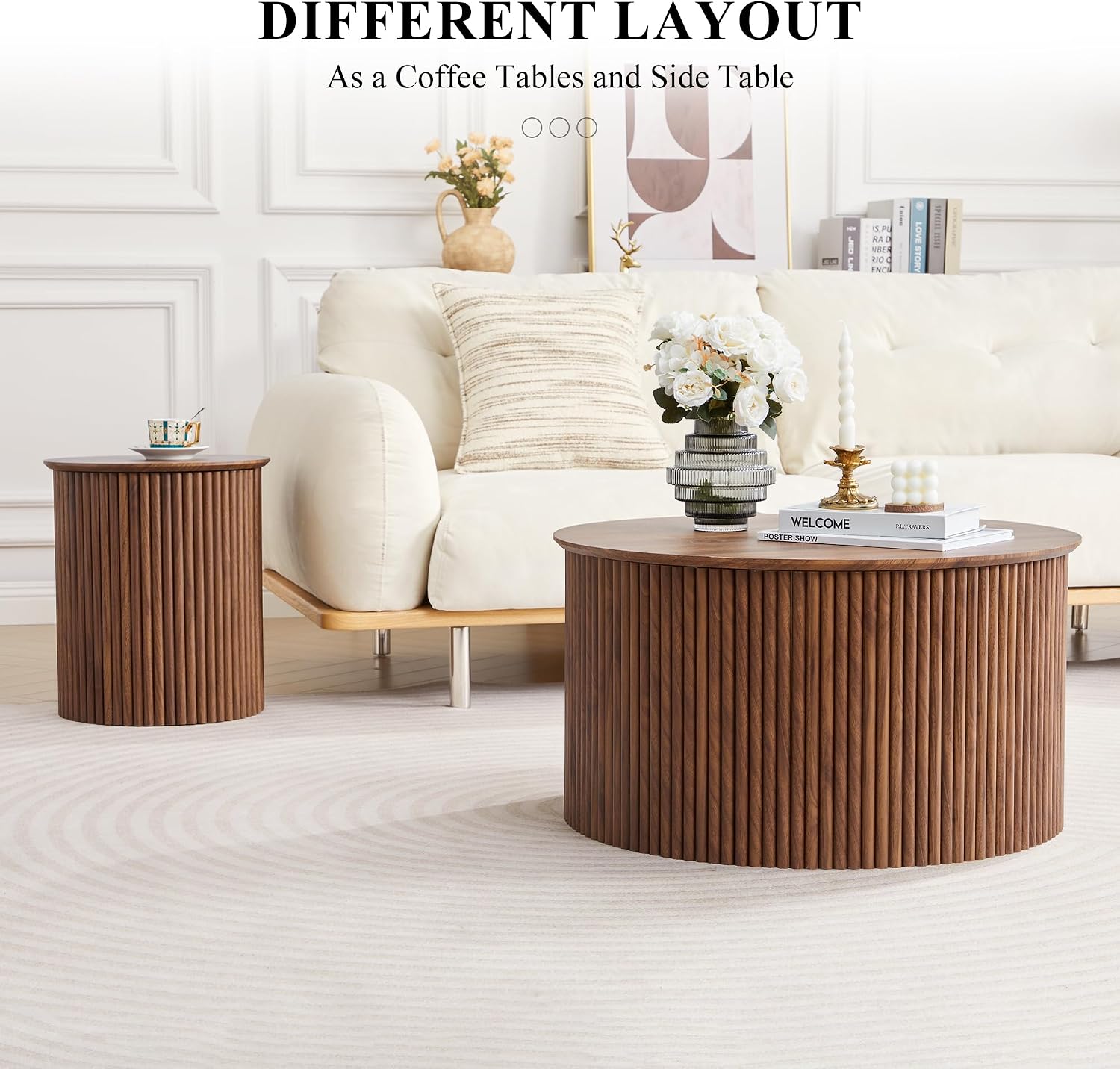 Fluted Round Nesting Coffee Table Set of 2, Mid Century Modern Wood Coffee Tables and End Table Set, Circle Side Table Minimalist Center Tables for Living Room, Office(Walnut)