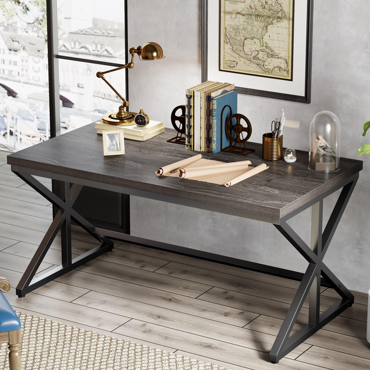 IBF Rustic Office Desk Table, Industrial Long Wood Computer Desk for Home Office, Modern Large Wide Simple Pc Gaming Workstation Executive Writing Desks Big Table for Work Study, Rustic Oak, 60 Inch