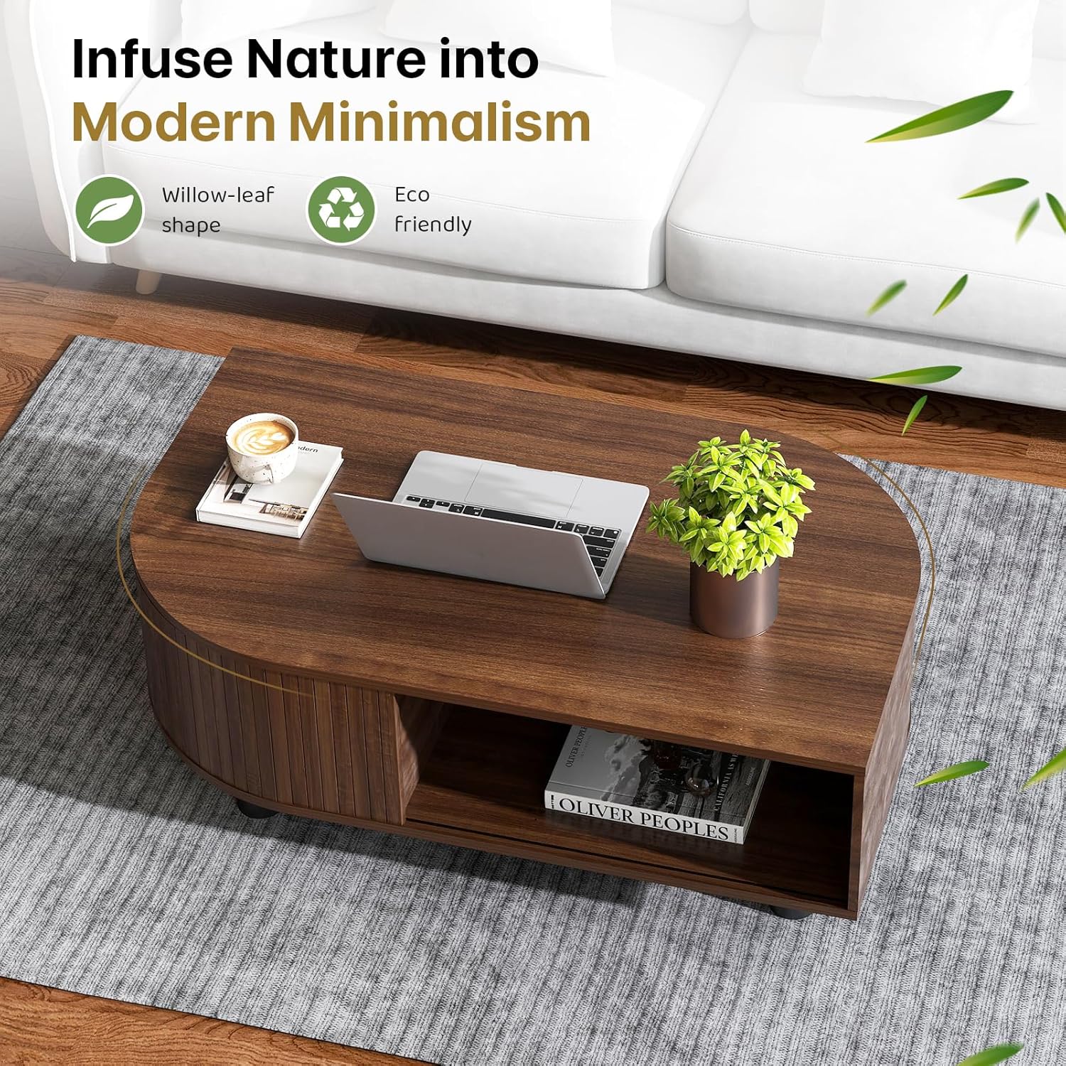 Mid-Century Modern 39.4" Coffee Table - Leaf-Shaped Wood Center Table with Storage, Retro Fluted Central Table with Sliding Door for Living Room, Office, Walnut
