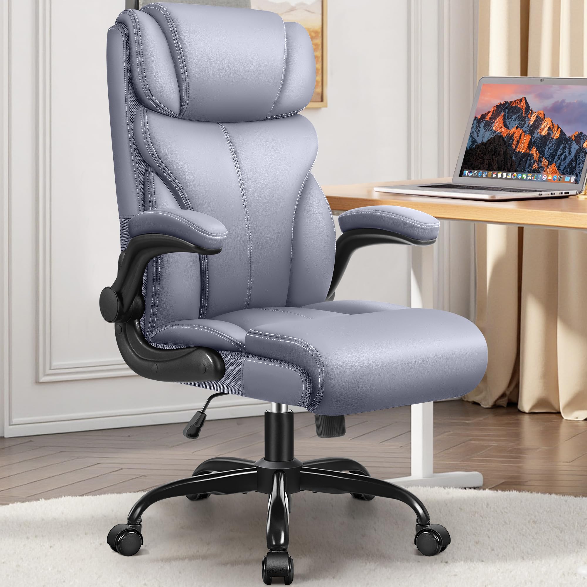 HeroSet Office Chair, Ergonomic Big and Tall Computer Desk Chairs, Executive Breathable Leather Chair with Adjustable Flip-up Armrests, Lumbar Support Swivel PC Chair with Rocking Function,Matte Black