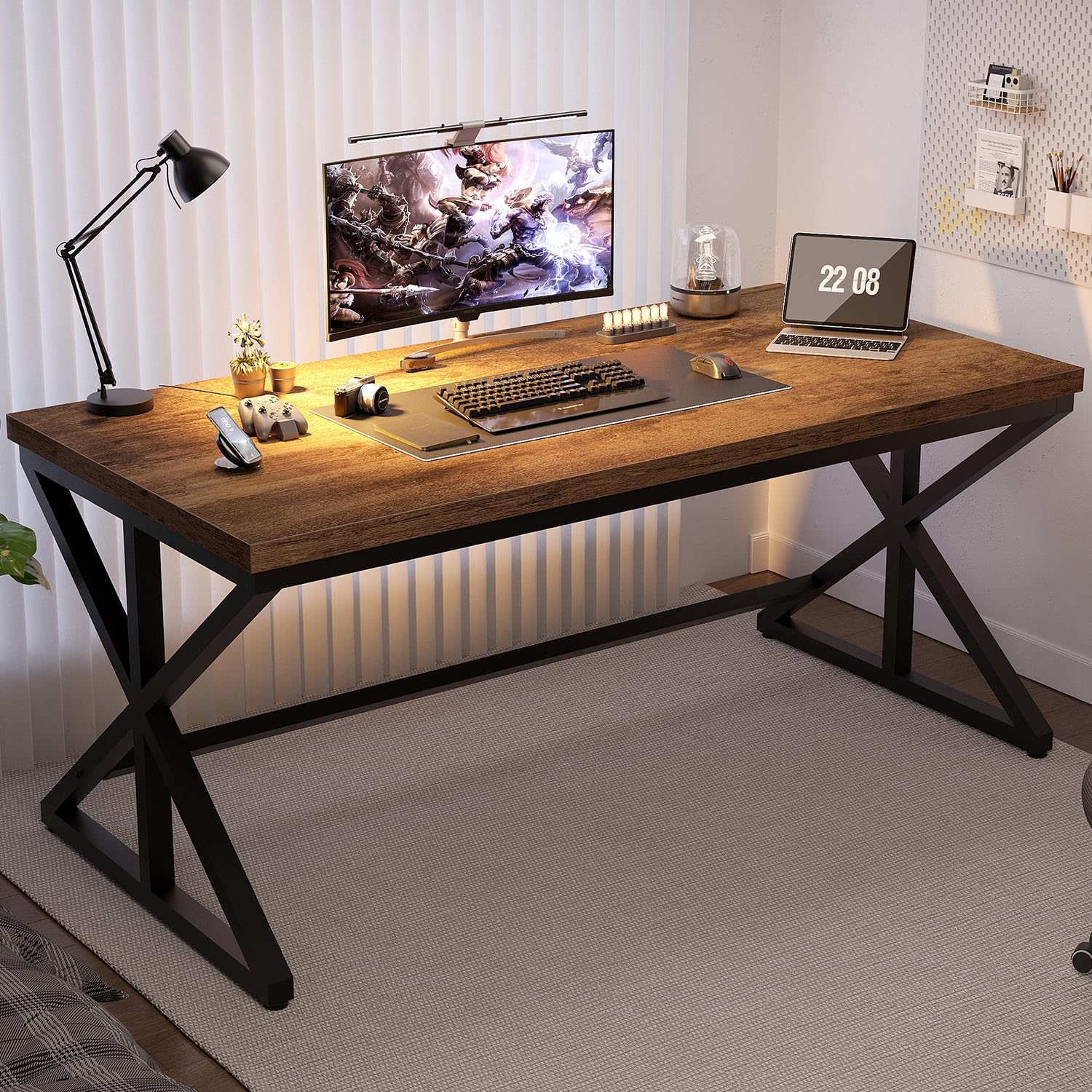 IBF Rustic Office Desk Table, Industrial Long Wood Computer Desk for Home Office, Modern Large Wide Simple Pc Gaming Workstation Executive Writing Desks Big Table for Work Study, Rustic Oak, 60 Inch