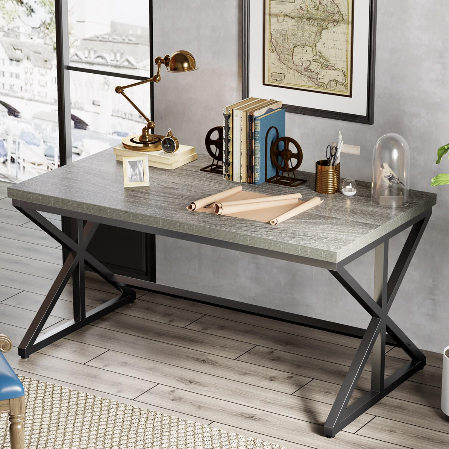 IBF Rustic Office Desk Table, Industrial Long Wood Computer Desk for Home Office, Modern Large Wide Simple Pc Gaming Workstation Executive Writing Desks Big Table for Work Study, Rustic Oak, 60 Inch