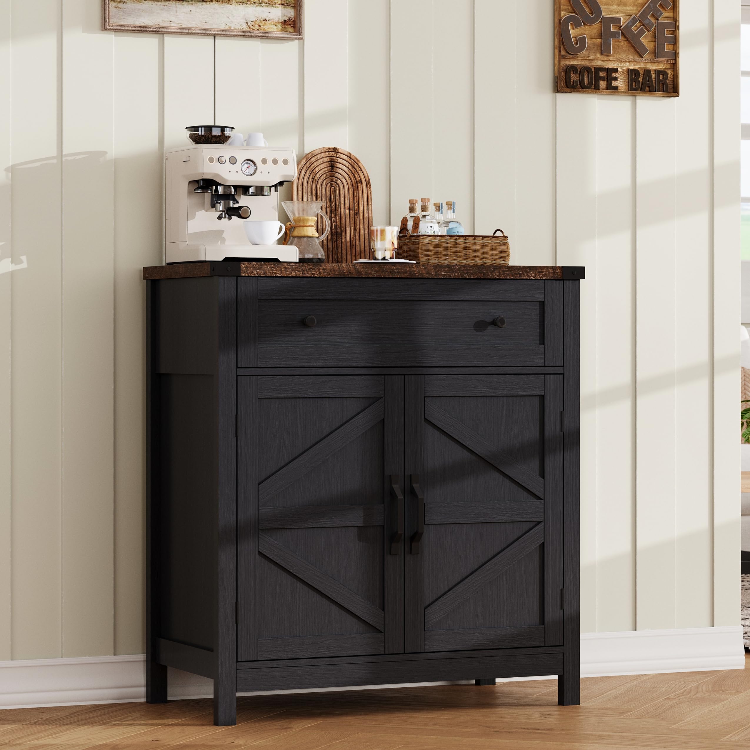 ChooChoo Kitchen Storage Cabinet, Coffee Bar Cabinet, Farmhouse Buffet Sideboard with Drawer for Kitchen, Living Room, White