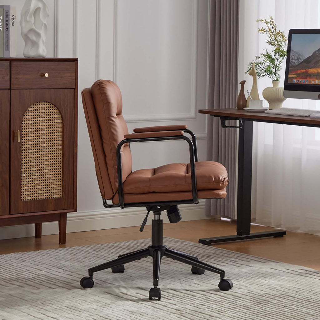 【Mid Back Office Chair】 Ergonomic PU Leather Desk Chair with 40° Recline, Adjustable Height Swivel Computer Chair with Padded Armrests and Wheels, Task Chair for Home Office (Brown)