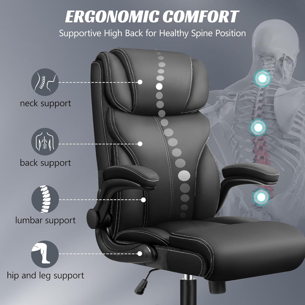 HeroSet Office Chair, Ergonomic Big and Tall Computer Desk Chairs, Executive Breathable Leather Chair with Adjustable Flip-up Armrests, Lumbar Support Swivel PC Chair with Rocking Function,Matte Black