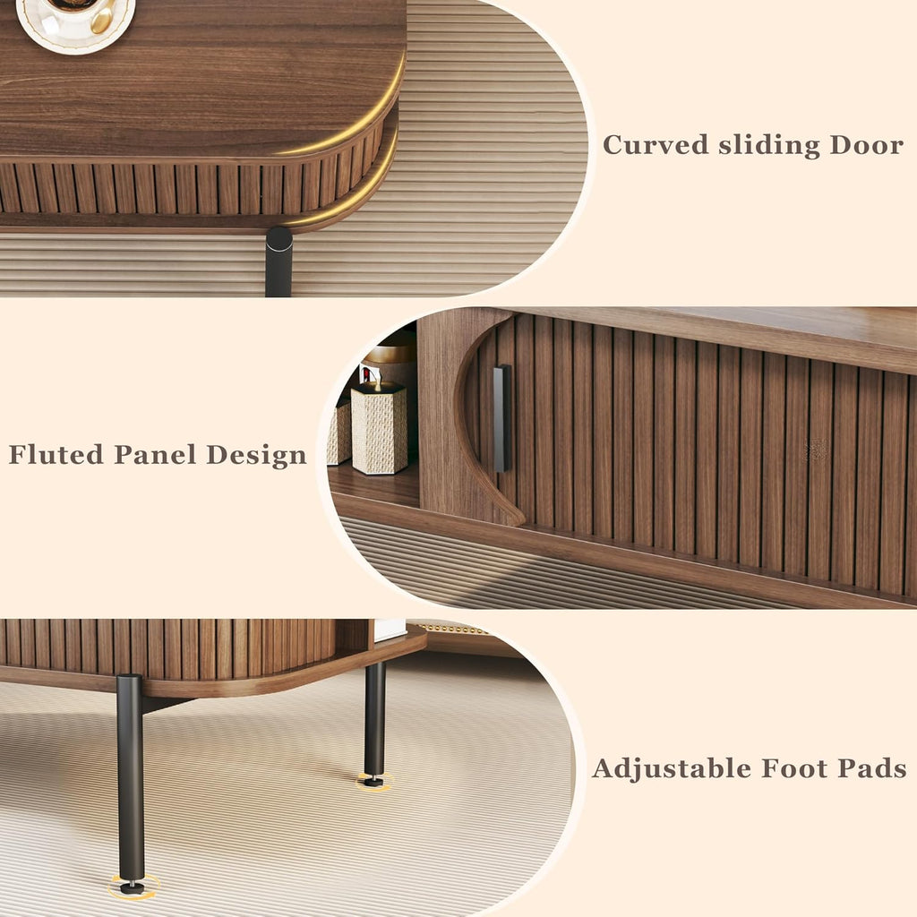 Coffee Table, 39.4" Mid Century Modern Coffee Tables for Living Room, Coffee Table with Storage Open Shelf, Fluted Table with Sliding Cabinet Door, 2-Tier Rustic Wood Desktop, Walnut