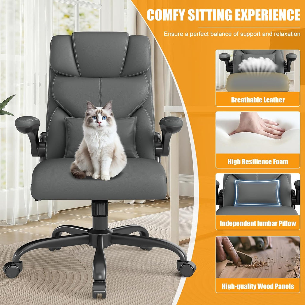 Executive Office Chair with Flip-up Armrests,Ergonomic Computer Desk Chairs,Mid-Tall Back Leather Office Chair,Lumbar Support Swivel PC Chair with Rocking Function