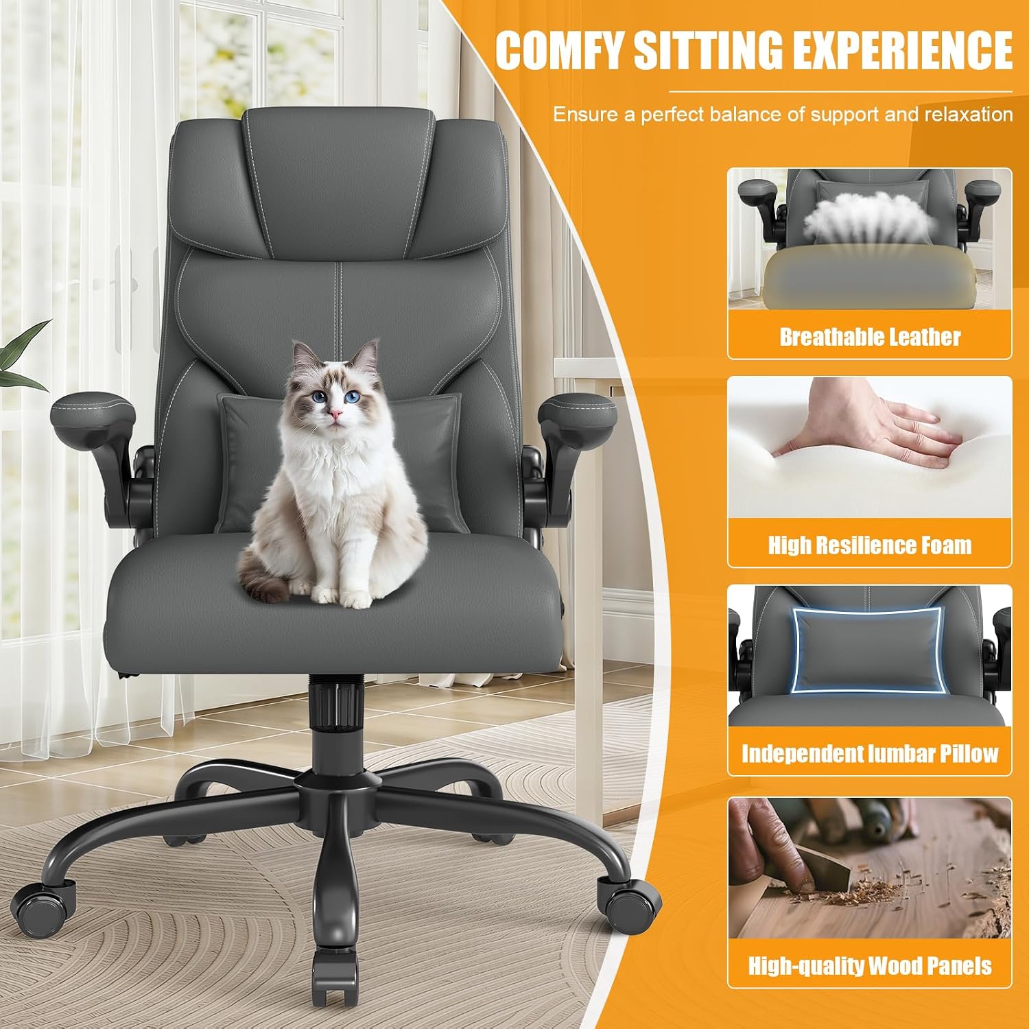 Executive Office Chair with Flip-up Armrests,Ergonomic Computer Desk Chairs,Mid-Tall Back Leather Office Chair,Lumbar Support Swivel PC Chair with Rocking Function