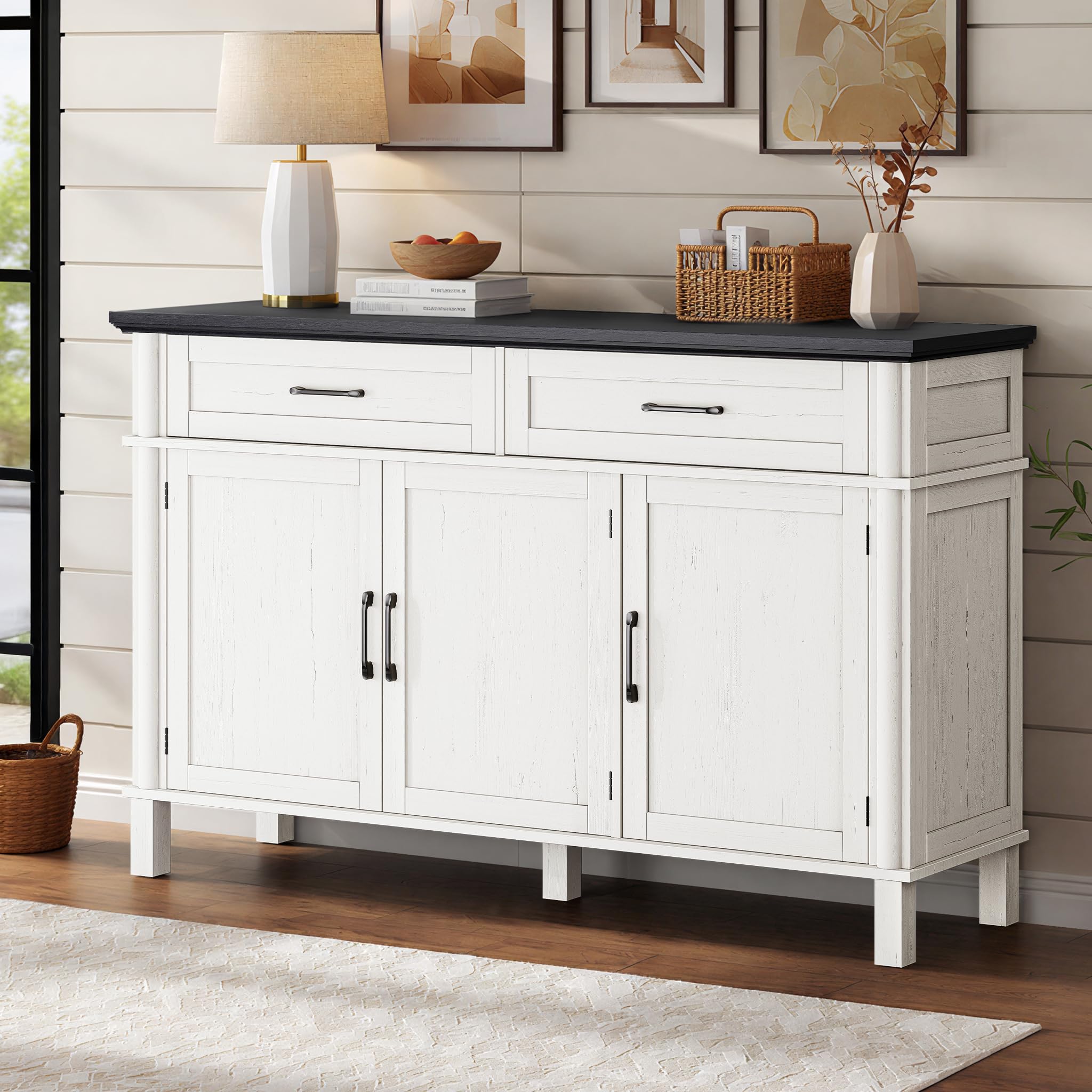 48 Inches Sideboard Buffet Cabinet with Storage, Farmhouse Sideboard Buffet w/2 Drawers and 3 Doors, Kitchen Cabinet with Adjustable Shelf, Wood Kitchen Console Table for Living Room, Hallway, Black