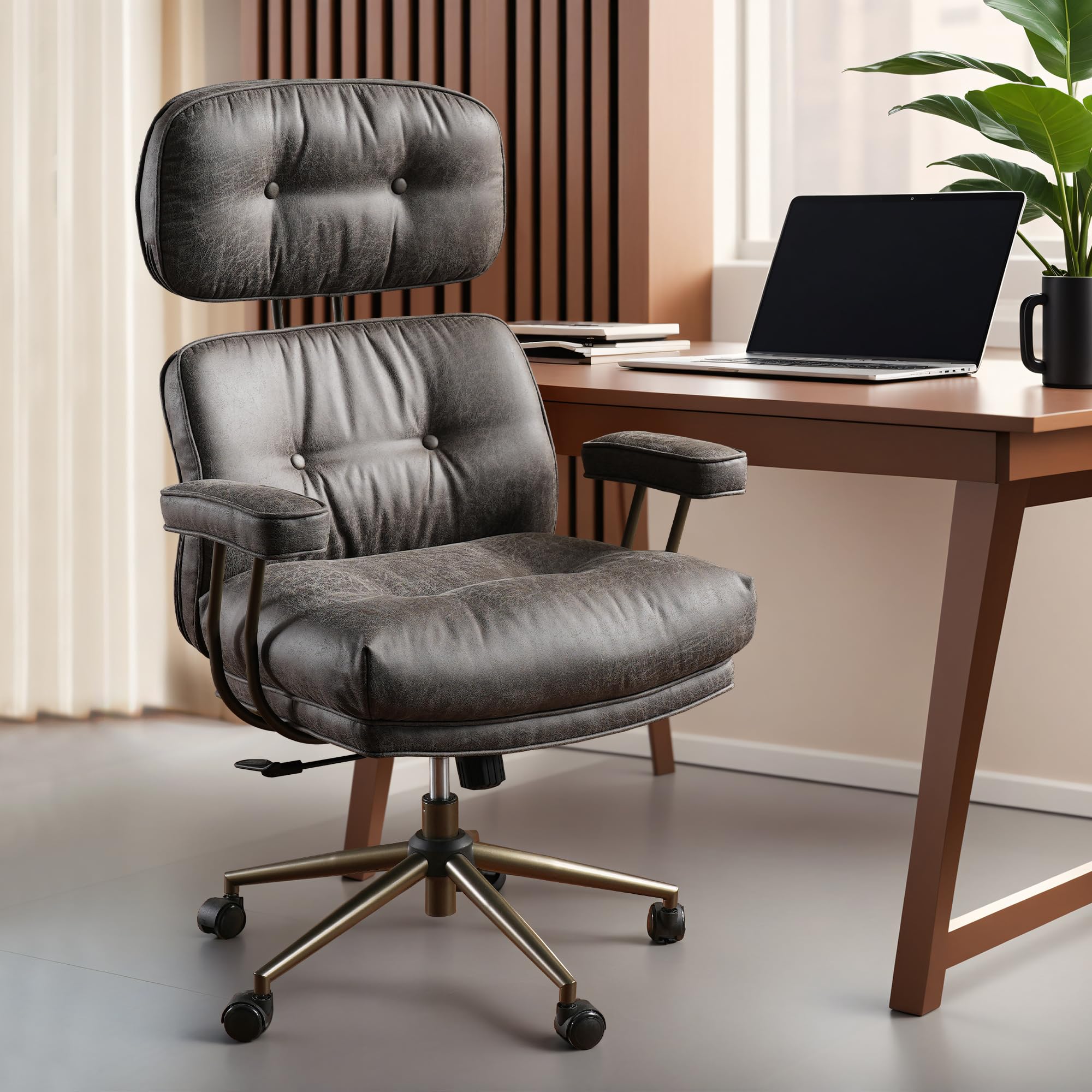 ovios Ergonomic Office Chair, Mid Back Faux Leather Executive Chairs with Armrests, Comfy Mid-Century Modern Swivel Rolling Computer Armchair (Brown, Suede Leather)