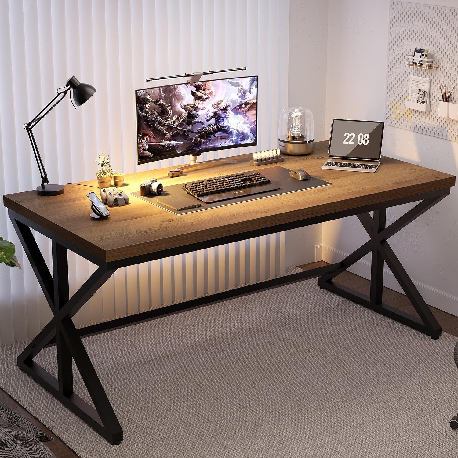 IBF Rustic Office Desk Table, Industrial Long Wood Computer Desk for Home Office, Modern Large Wide Simple Pc Gaming Workstation Executive Writing Desks Big Table for Work Study, Rustic Oak, 60 Inch