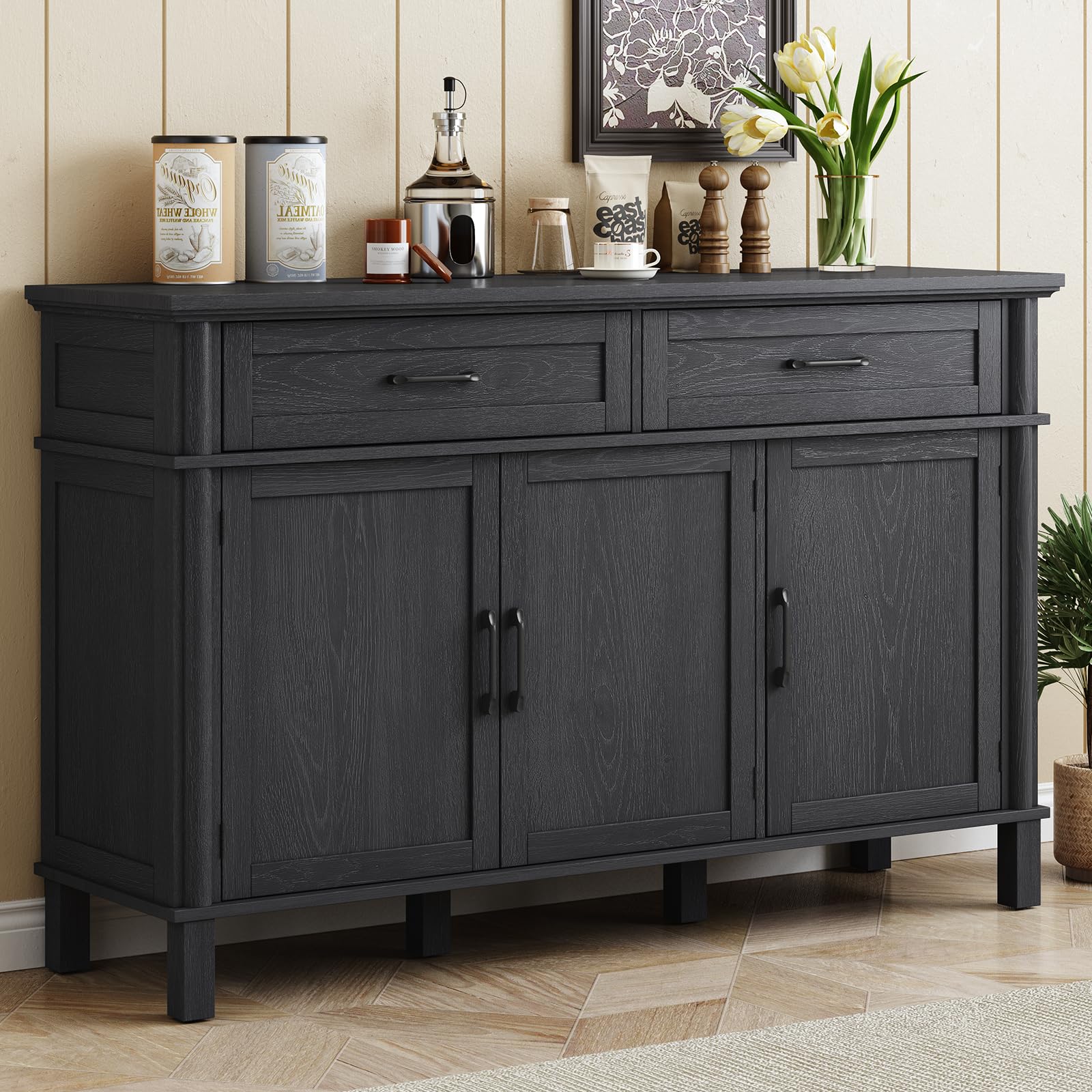 48" Off White Farmhouse Sideboard Buffet Cabinet with 2 Drawers, 3 Doors & Adjustable Shelves, Wood Storage Coffee Bar for Kitchen Living Room