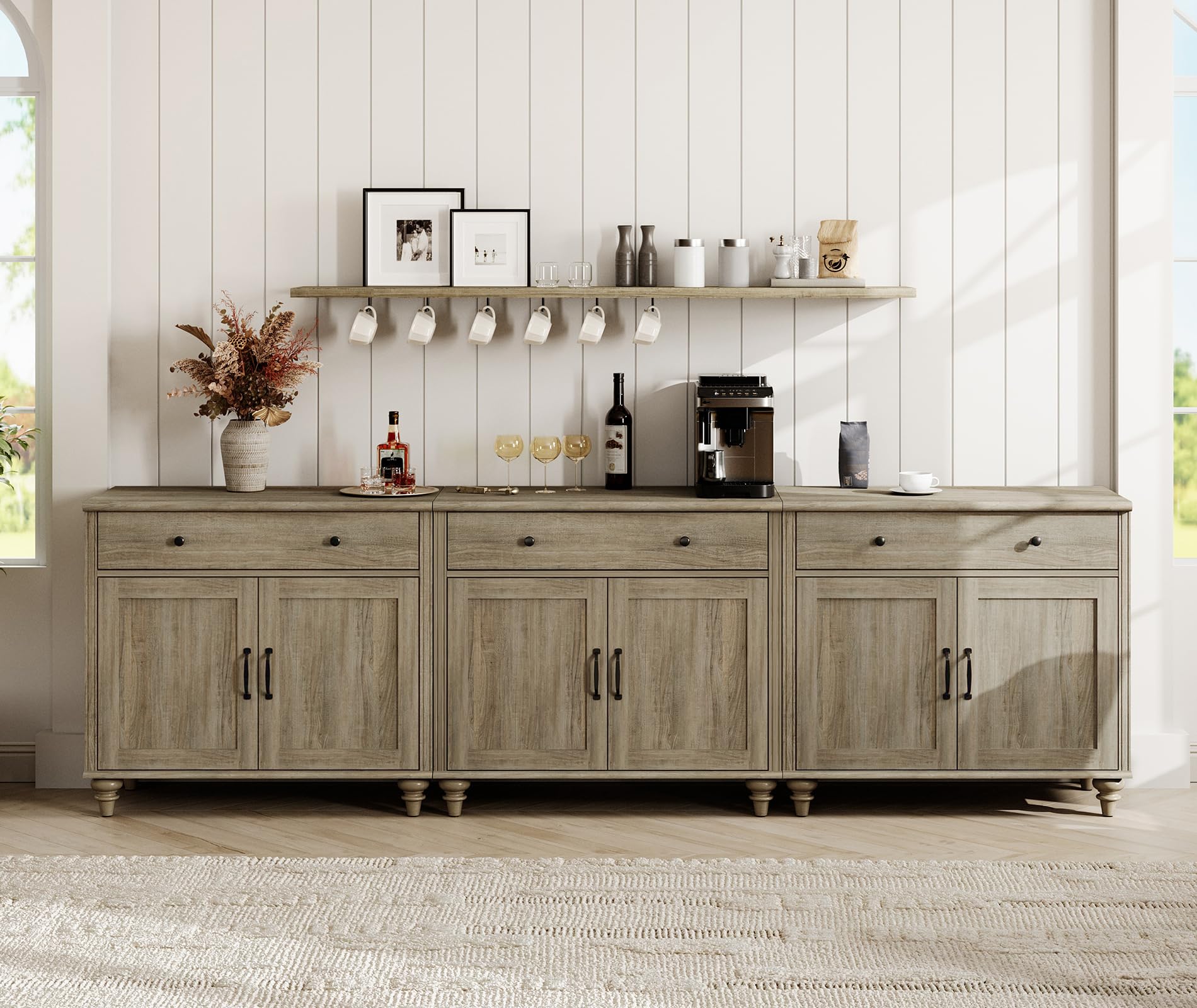 WAMAPT Buffet Cabinet with 4 Doors and 2 Drawers, Large Coffee Bar Table Wood Kitchen Storage Cabinets with Storage Cabinets, Modern Farmhouse Sideboard Credenza for Dining Room, Oak, 68 inch