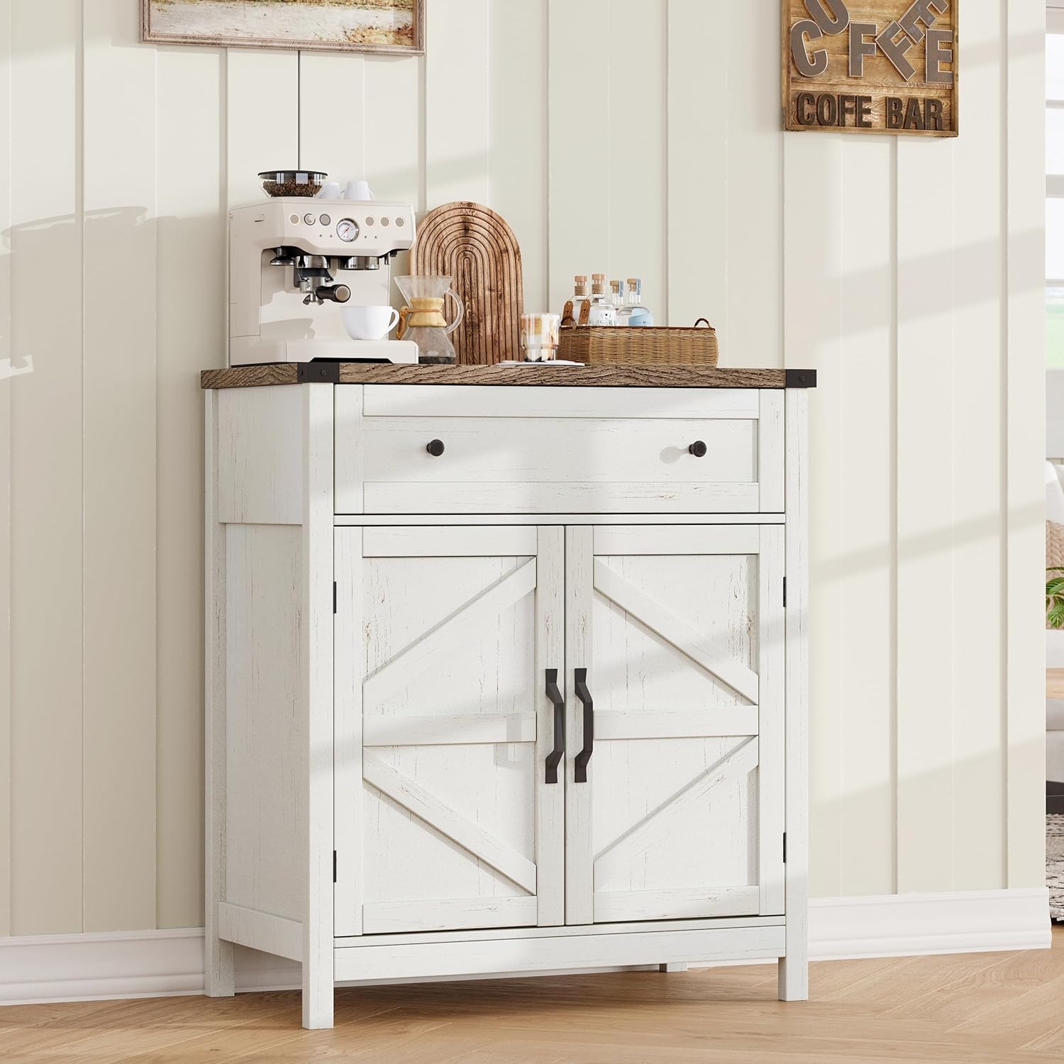 ChooChoo Kitchen Storage Cabinet, Coffee Bar Cabinet, Farmhouse Buffet Sideboard with Drawer for Kitchen, Living Room, White