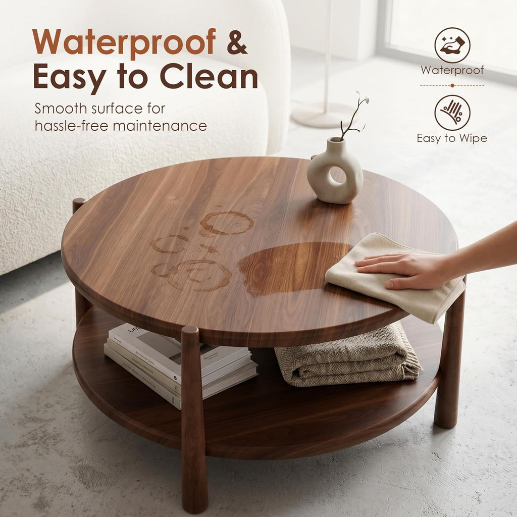 Round Coffee Table, Mid-Century Modern 2-Tier Wood Center Table with Open Storage Shelf, Farmhouse Circle Coffee Table for Living Room Office, Walnut Brown