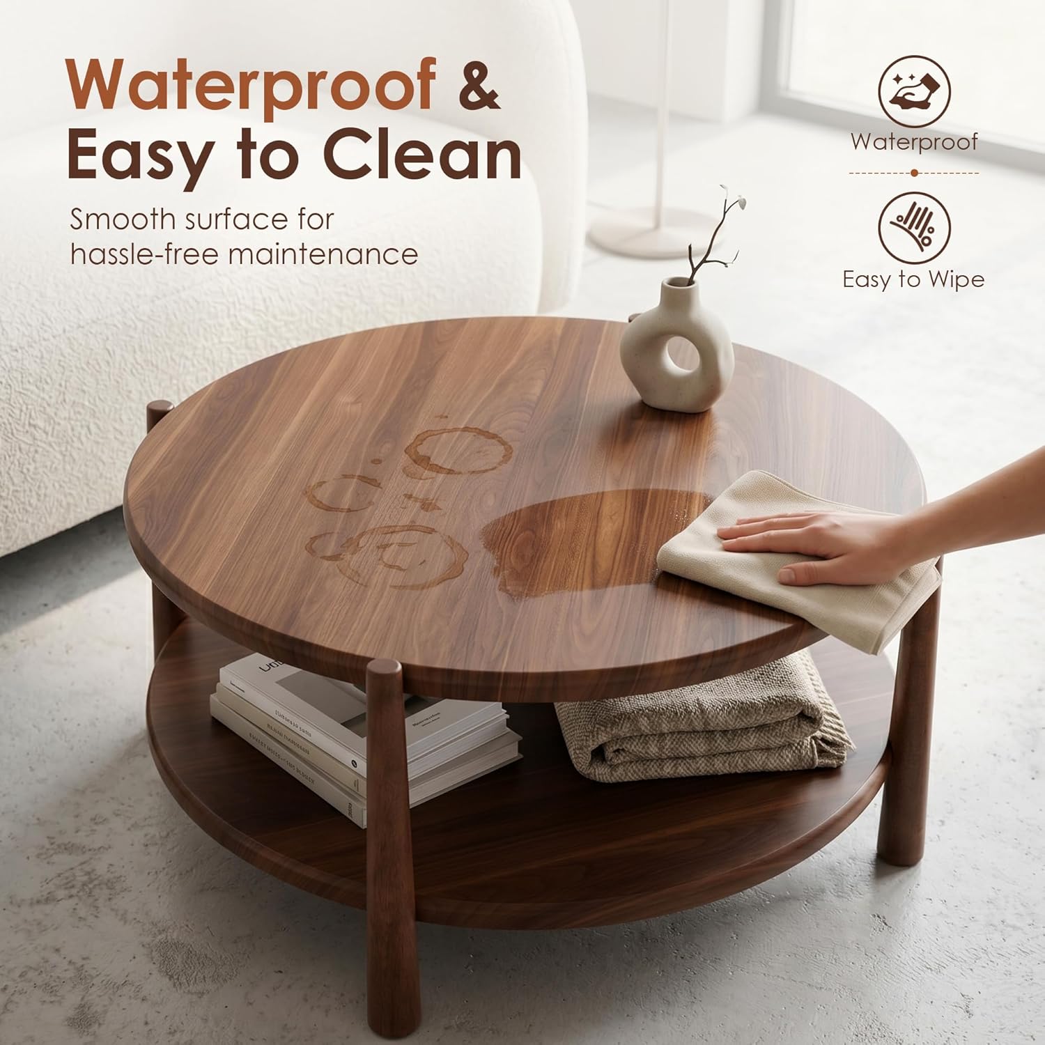Round Coffee Table, Mid-Century Modern 2-Tier Wood Center Table with Open Storage Shelf, Farmhouse Circle Coffee Table for Living Room Office, Walnut Brown