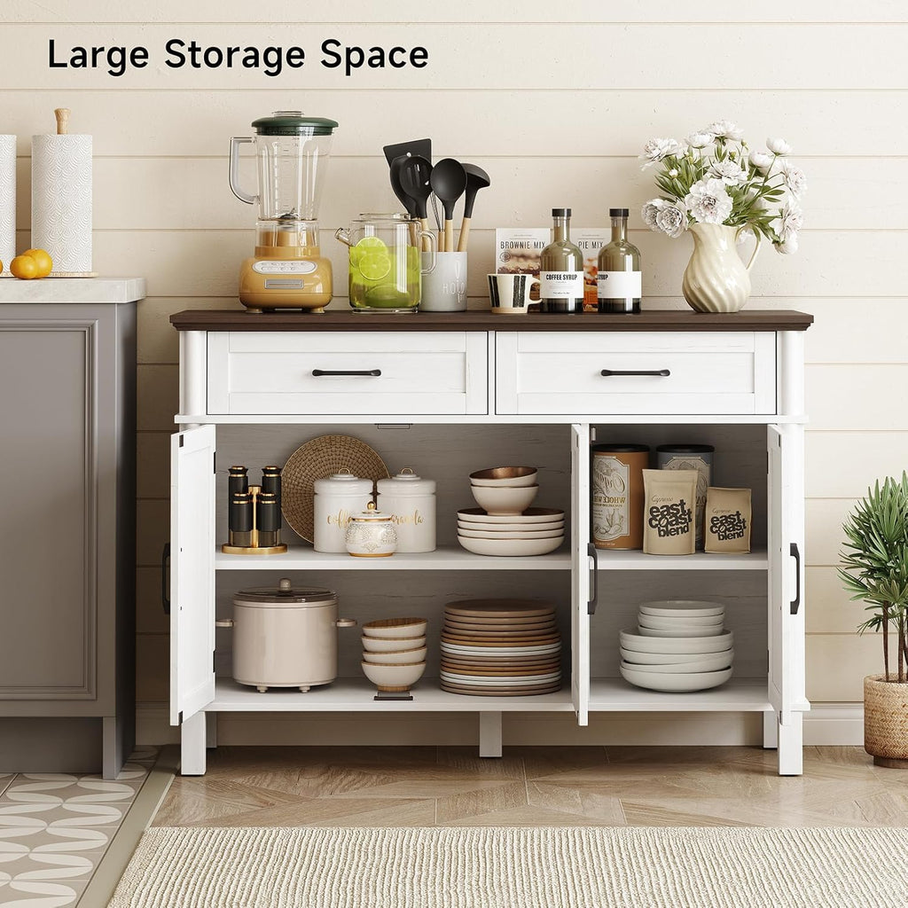 48" Off White Farmhouse Sideboard Buffet Cabinet with 2 Drawers, 3 Doors & Adjustable Shelves, Wood Storage Coffee Bar for Kitchen Living Room
