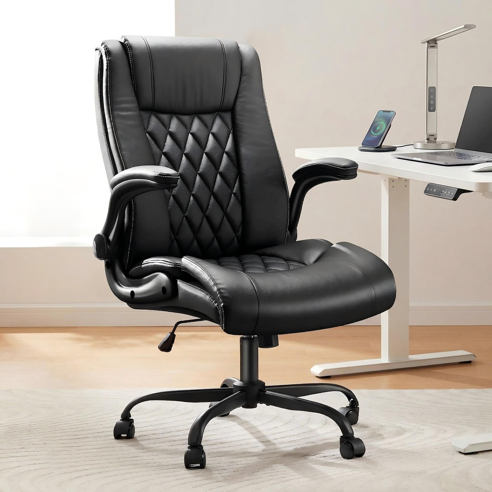 Marsail Executive Office Chair with Flip-up Armrests,PU Leather Ergonomic Desk Chair Height-Adjustable Swivel Rolling Computer Desk Chair,Black