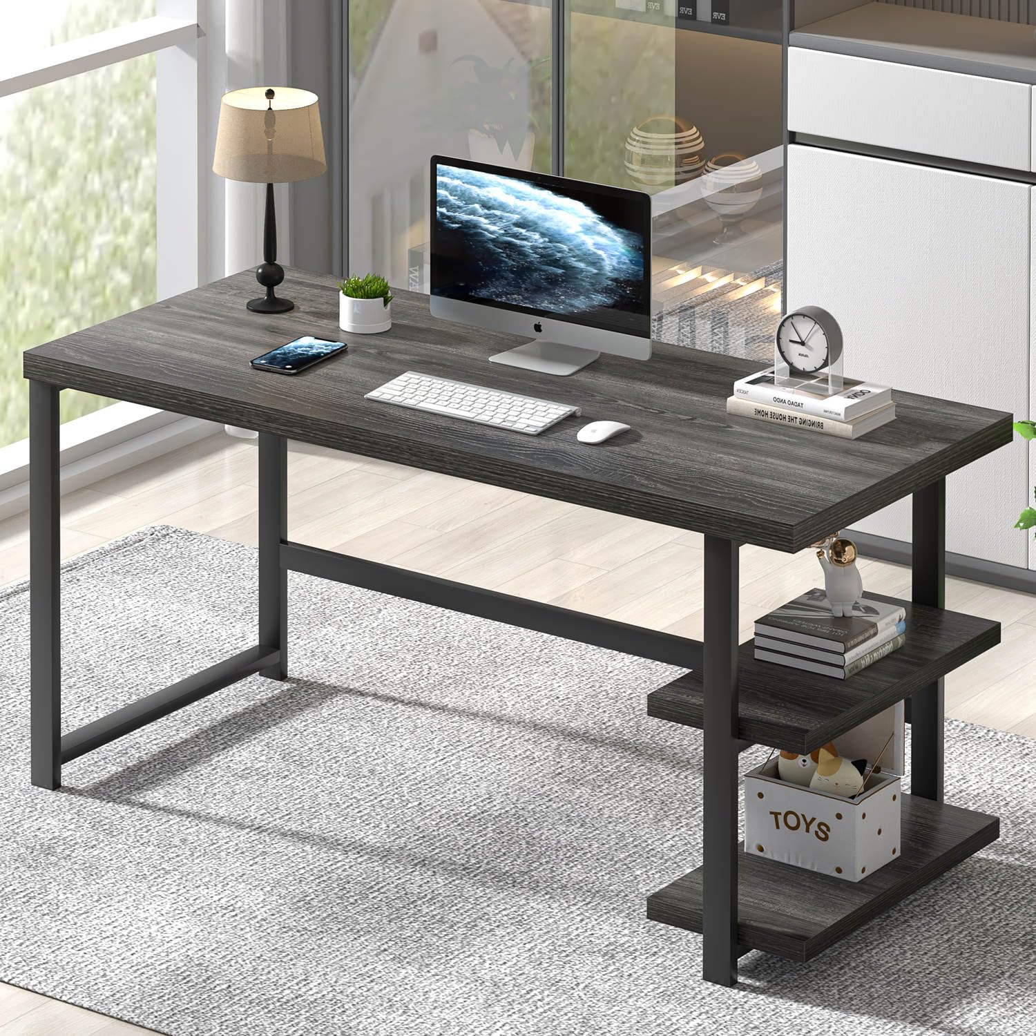 FOLUBAN Computer Desk, Modern Home Office Desk with Storage Shelves, Writing Study Gaming Table for Living Room Bedroom, Rustic Oak, 53 Inch