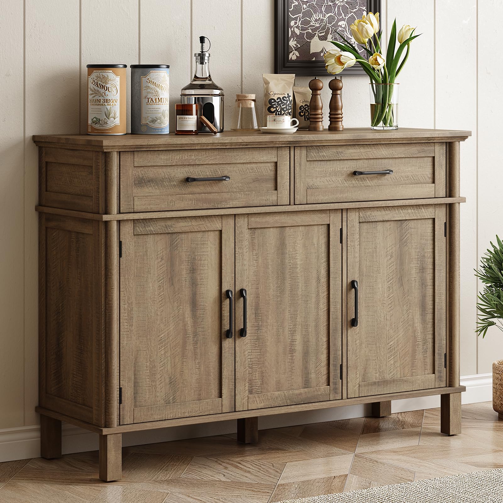 48" Off White Farmhouse Sideboard Buffet Cabinet with 2 Drawers, 3 Doors & Adjustable Shelves, Wood Storage Coffee Bar for Kitchen Living Room