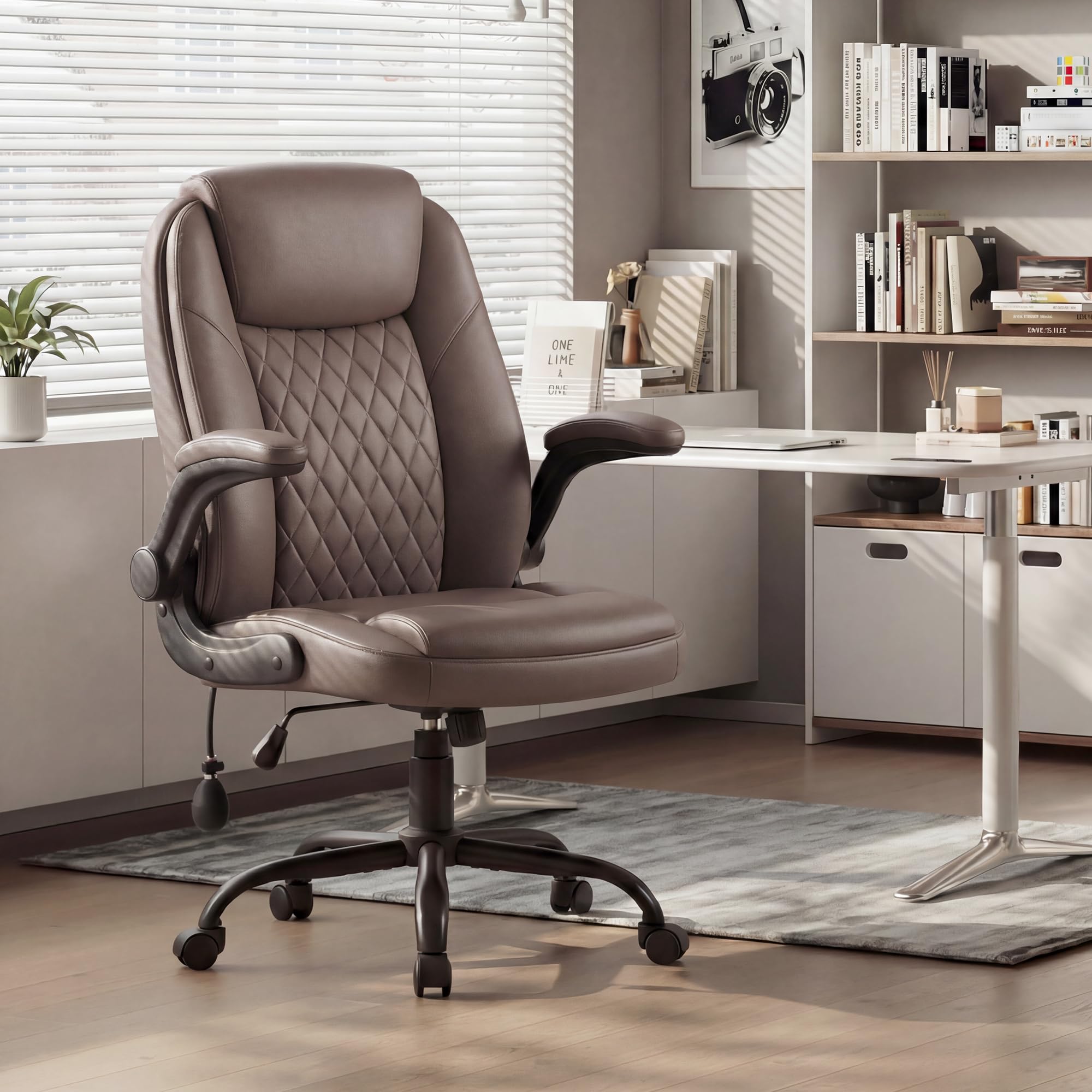 MALOL Leather Office Chair, Computer Desk Chair with Adjustable Lumbar Support, Thick Cushion, Flip-Up Arms and Ergonomic Back, Comfy Executive Office Chair for Home Office Gaming,Black