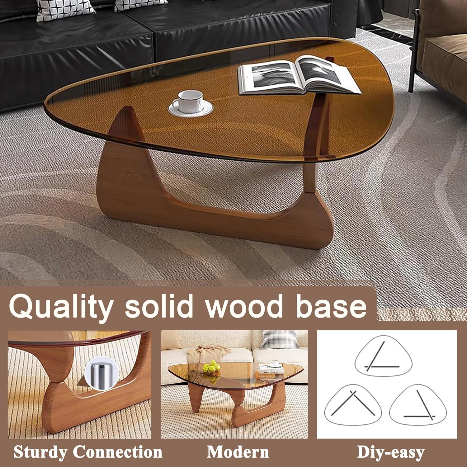 Modern Glass Coffee Table, Mid Century Small Coffee Table, Coffee Table for Living Room,Suitable for Bedroom Living Room Reception Office Tables (Walnut/Brown, Small)