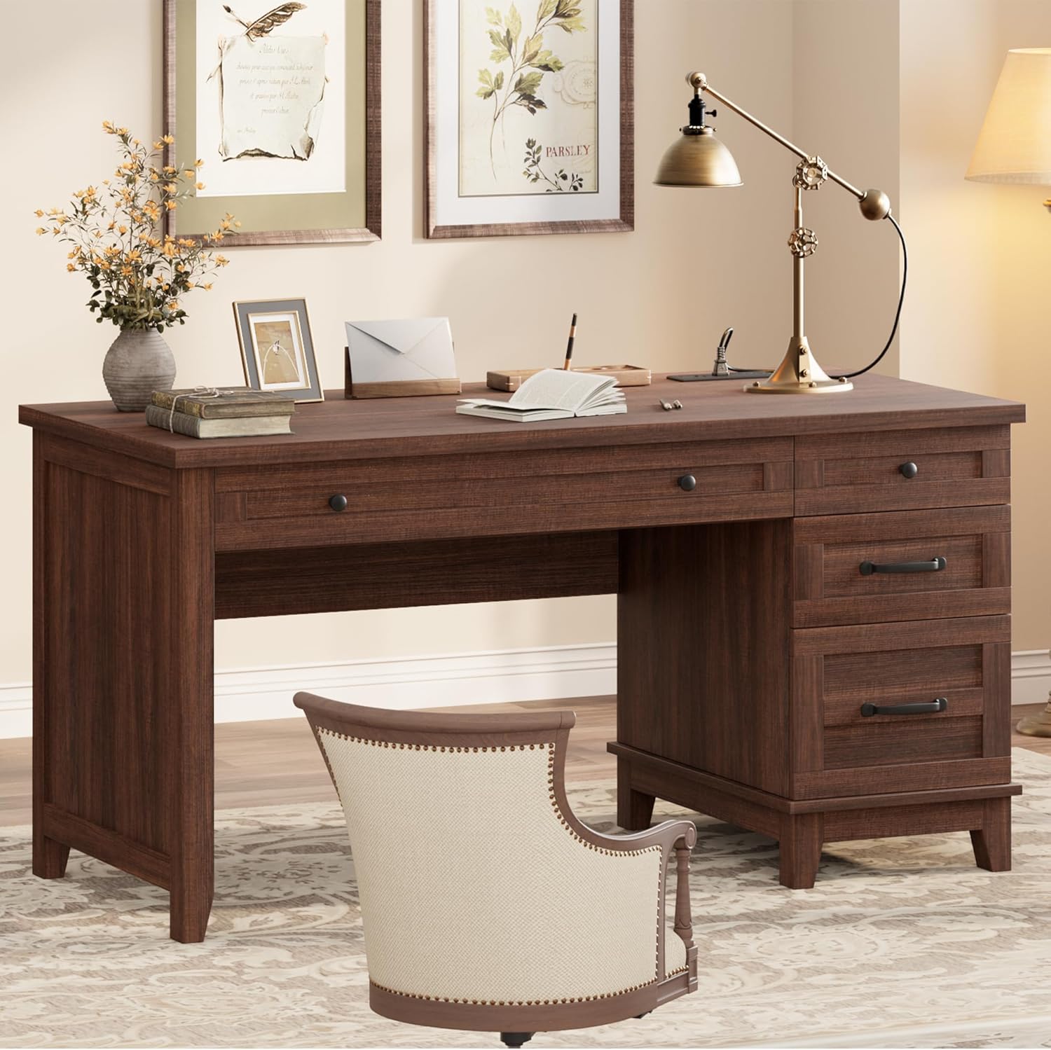 IDEALHOUSE 53.5" Farmhouse Computer Desk with Charging Station, Rustic Black Home Office Executive Desk, Wooden Workstation with File Cabinet Storage Drawers for Writing & Study, Rustic Brown
